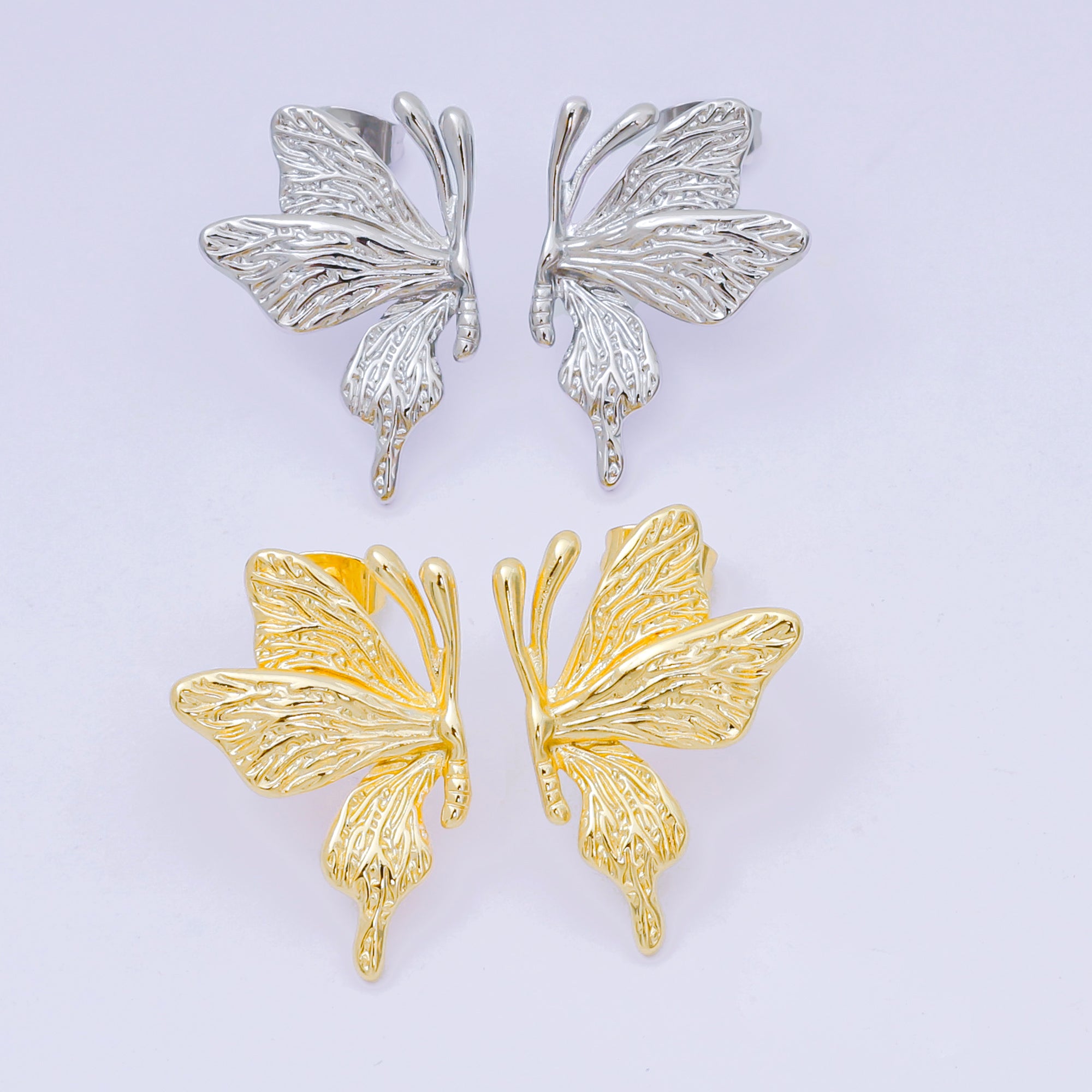 24K Gold Filled Butterfly Mariposa Wings Set Drop Studs Earrings in Gold & Silver | AJ138 AJ139
