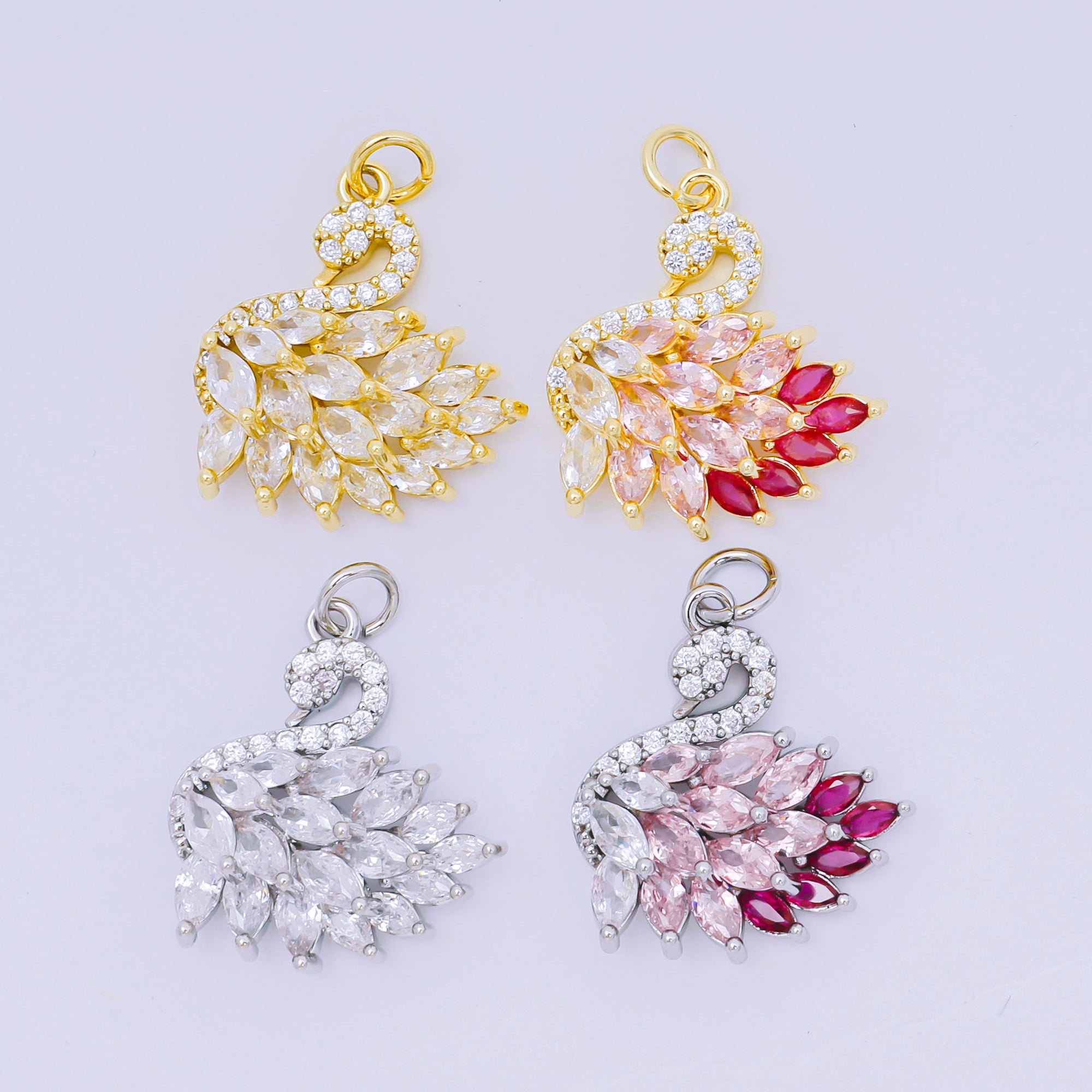 24K Gold Filled 19mm Pink & Fuchsia Marquise CZ Goddess Style Swan Animal Charm in Gold & Silver | D-398