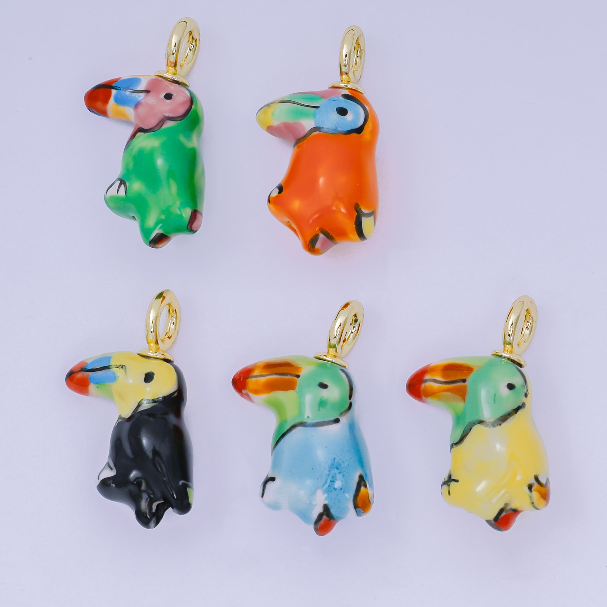 24K Gold Filled 29.5mm Green, Orange, Black Ceramic Parrots Rio Bird Charm | AF1263 - AF1267