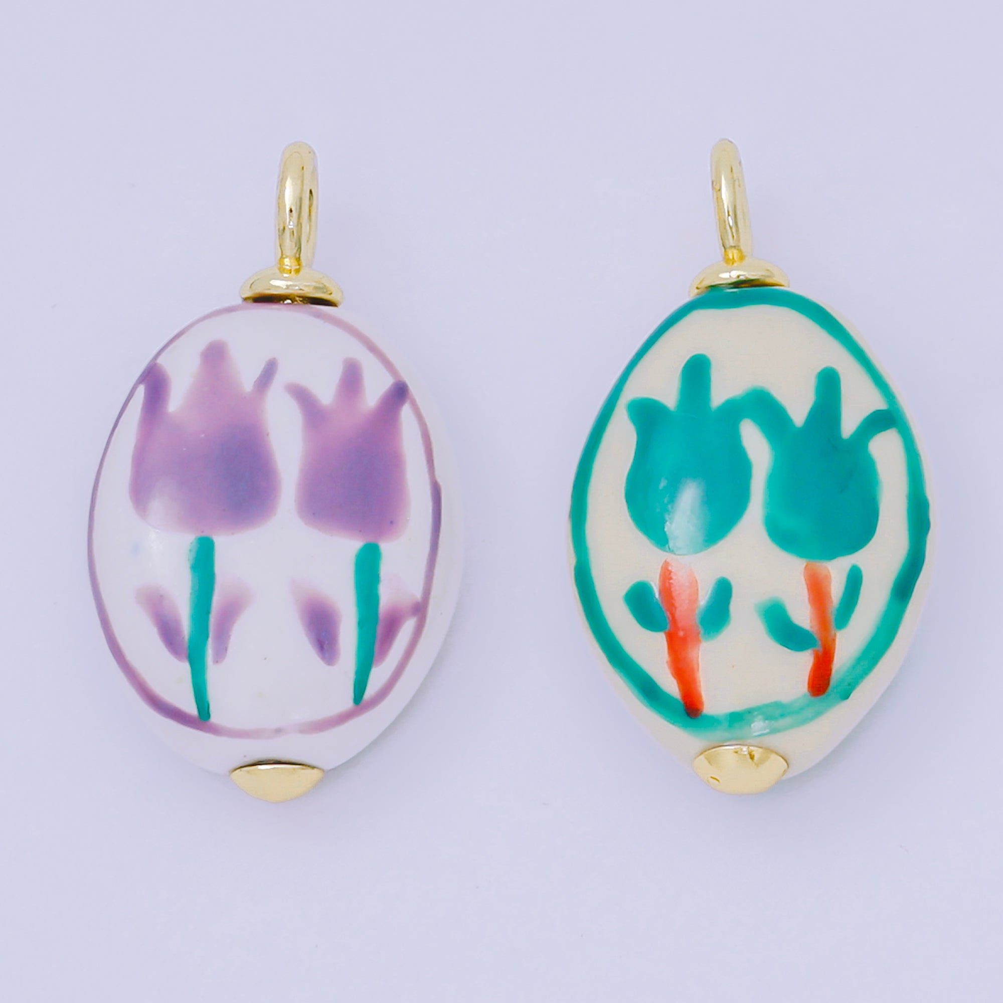 24K Gold Filled 29mm Handmade Ceramic Green, Purple Roses Vintage Charm | AF1514