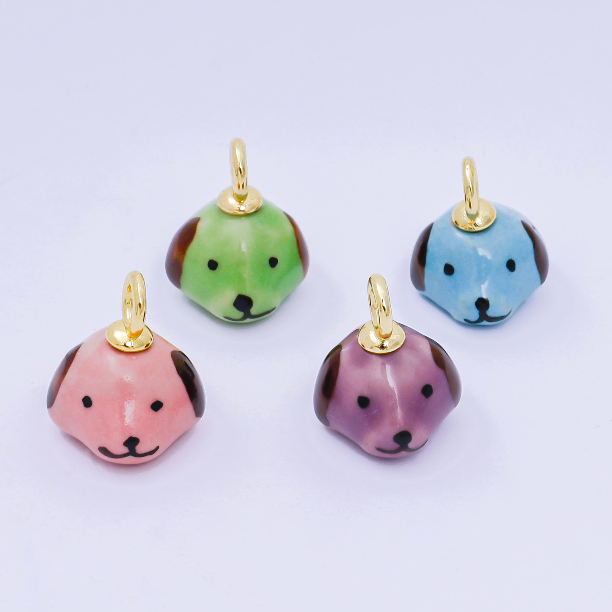 24K Gold Filled 17mm Blue, Pink, Green Ceramic Puppy Dog's Head Charm | AF1272 - AF1273