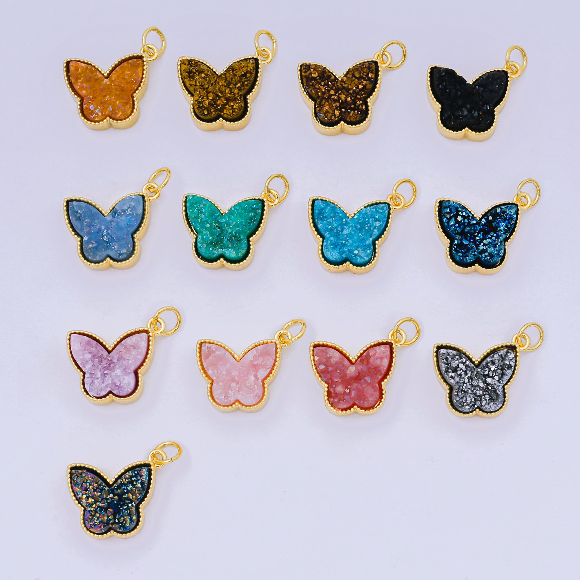 24K Gold Filled 14mm Crystal Quartz Glittery Butterfly Animal Charm | D-668 D-677 D-700 D-708 D-757 D-796 D-810