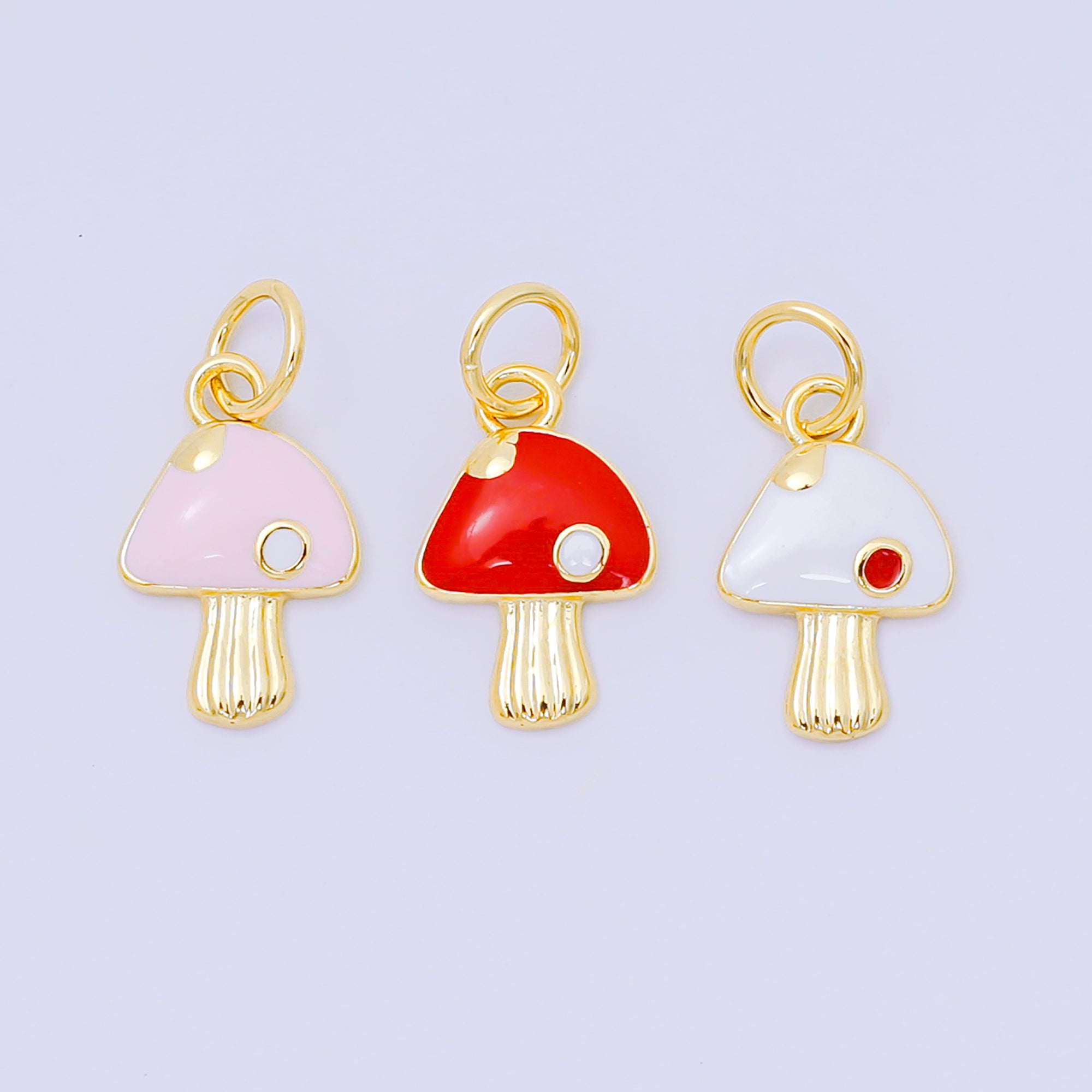 24K Gold Filled 13mm Enamel Art Puffball Forest Mushroom Charm in Red, Pink, & White | D-627 D-663