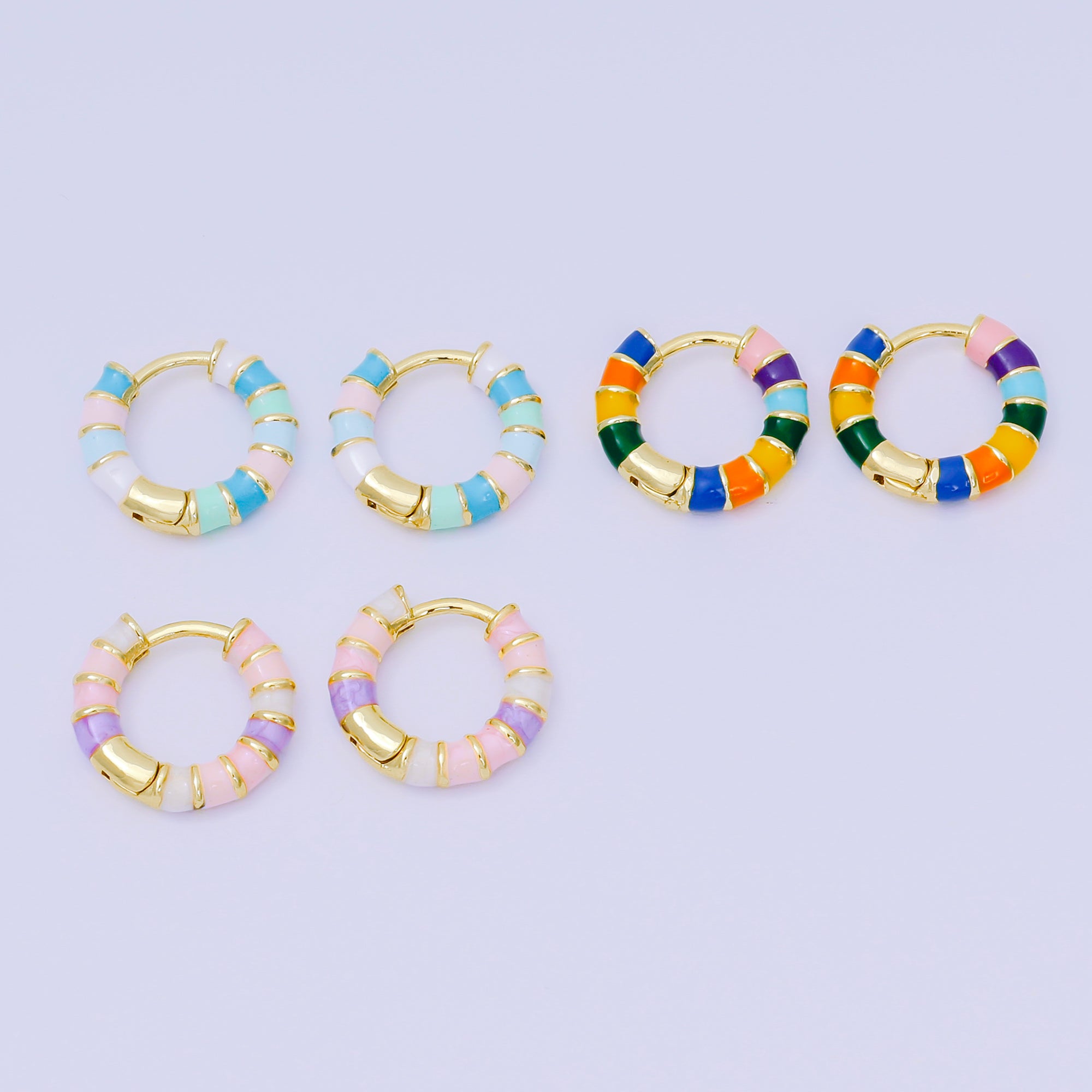 24K Gold Filled Enamel Art Pastel Colorful Candy Stripes Hinged Hoops Earrings | AJ-113 - AJ-115