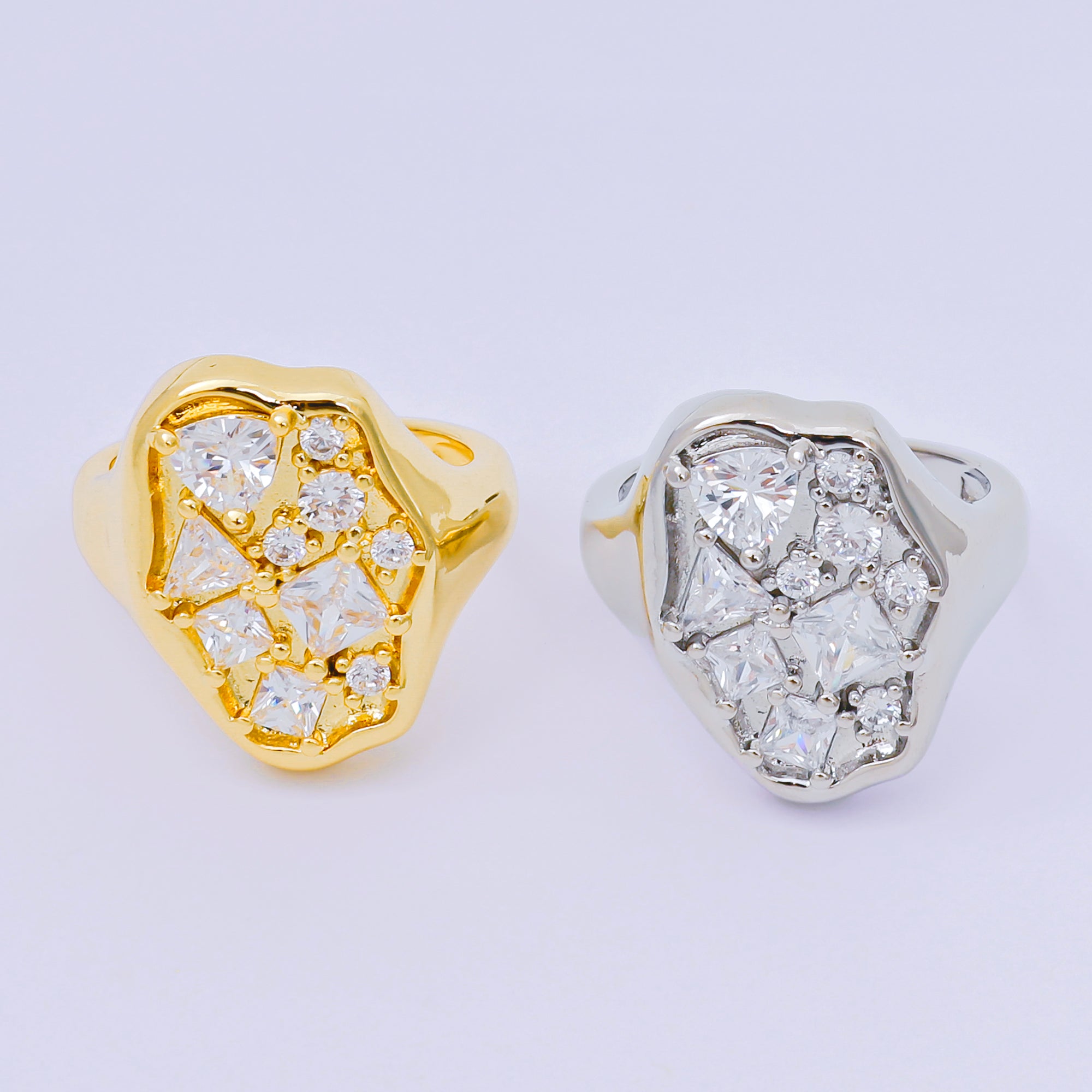 24K Gold Filled Mixed-Cut Clear CZ Abstract Cluster Adjustable Ring in Gold & Silver | O-1081 O-1091