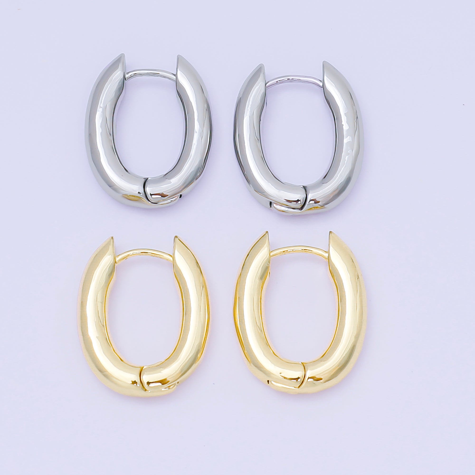 24K Gold Filled Sleek Oval Lever Back Huggie Earrings in Gold & Silver | AJ142 AJ143