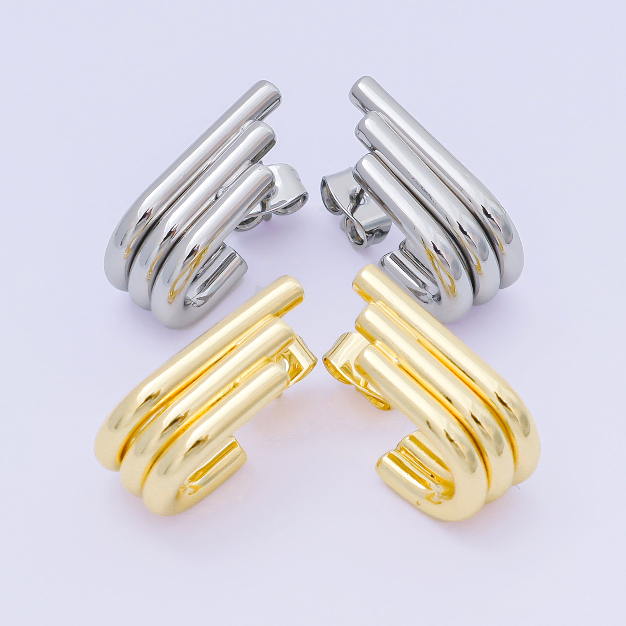 24K Gold Filled Ribbed Triple Linear Modern Shaped Hoop Earrings | AJ130