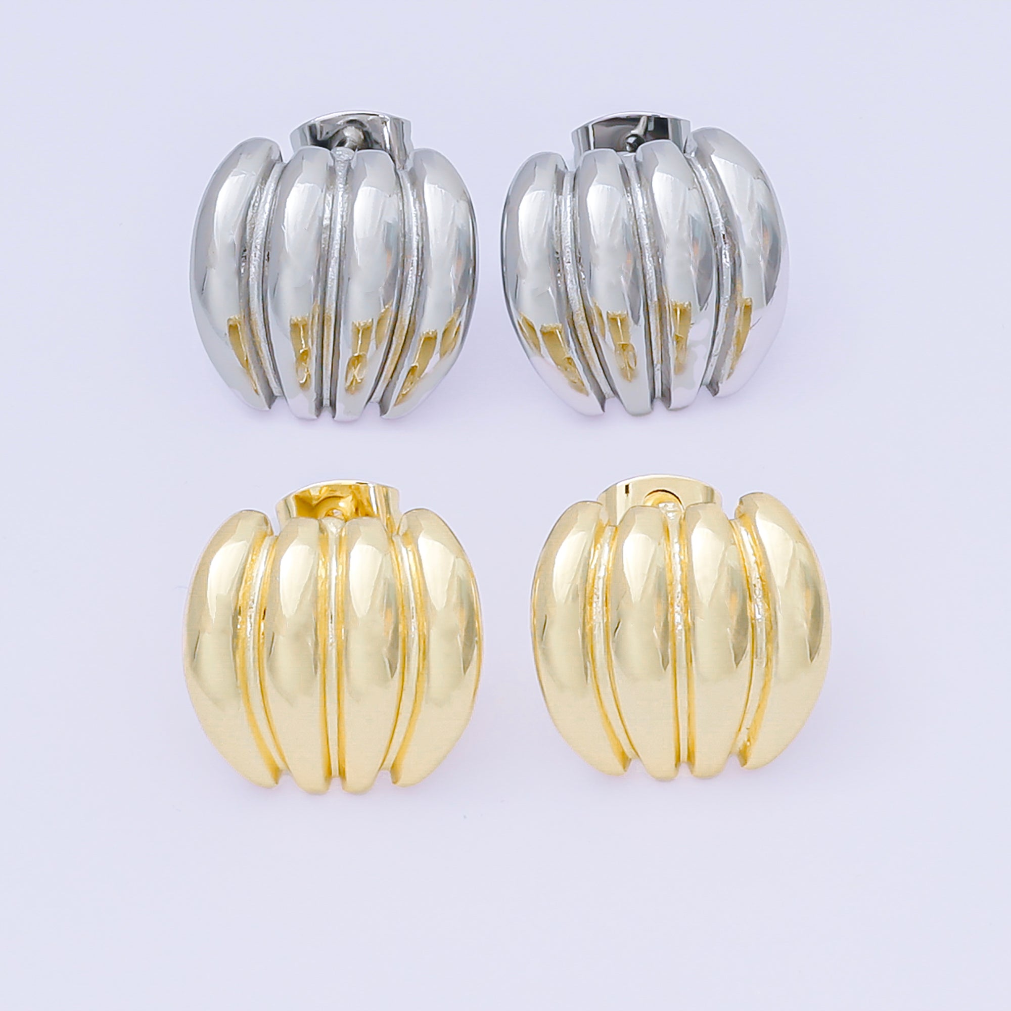 24K Gold Filled 4-Stripes Dome C-Shape Studs Earrings in Gold & Silver | AJ-111 AJ-112