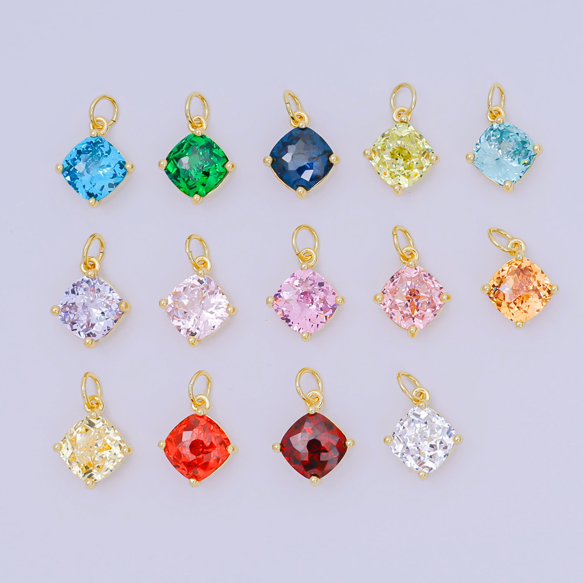 24K Gold Filled 13mm Rectangle Multicolor CZ Curvy Square Drop Charm | AC-1561 - AC-1567