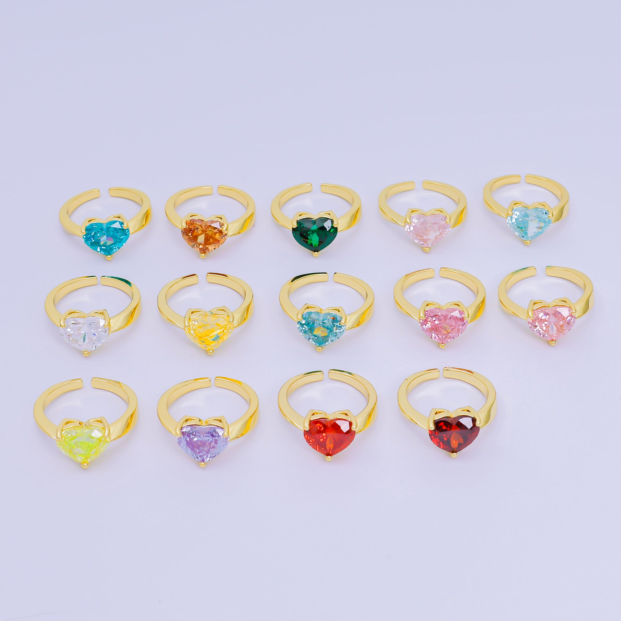 24K Gold Filled Heart-Shaped CZ Classic Love Solitaire Adjustable Ring in Green, Peach, & Pink | O-033 O-063 O-073 O-084, O-104 - O-106, O-108, O-110 - O-114, O-116