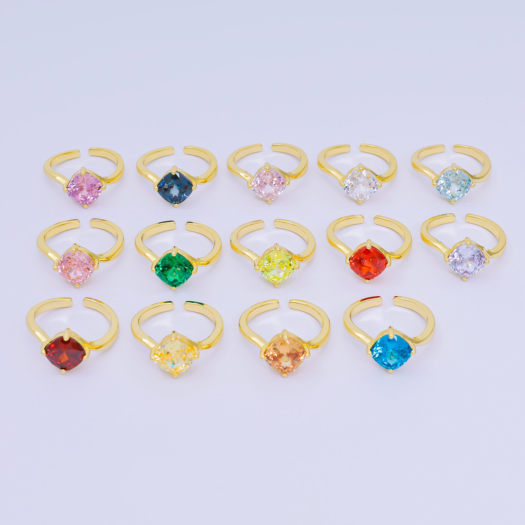24K Gold Filled Cushion-Cut Multicolor CZ Curvy Square Solitaire Adjustable Ring in Blue, Yellow, & Red | O-119 O-121 O-127 O-134, O-136 - O-140, O-143 - O-145, O-147 O-148