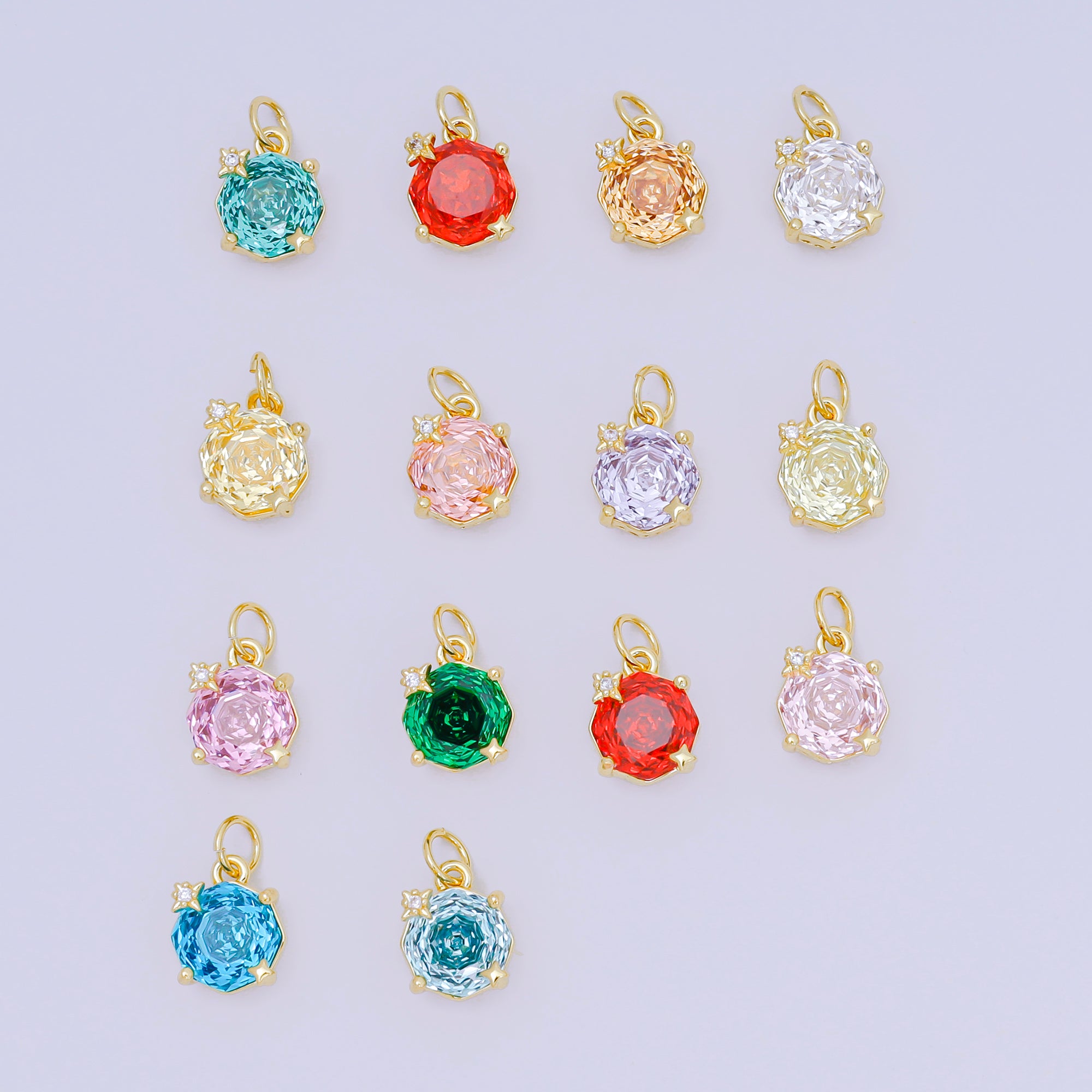 24K Gold Filled 11mm Round CZ Crystal Quartz Blooming Rose Flower Charm | M-102 - M-106, M-197 M-212