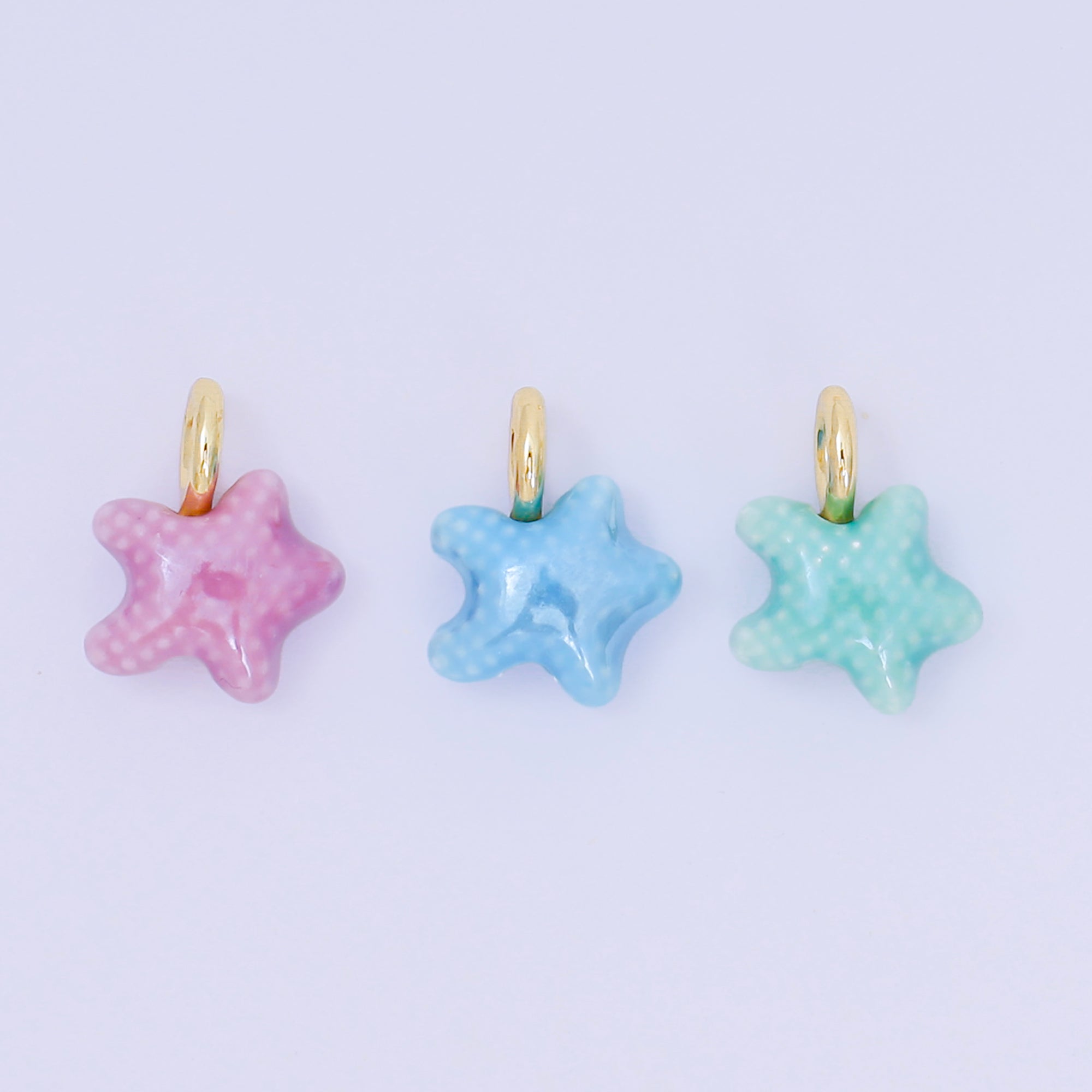 24K Gold Filled 15mm Ceramic Art Pastel Polkadot Star Charm in Blue, Green, & Purple | D-481 D-512
