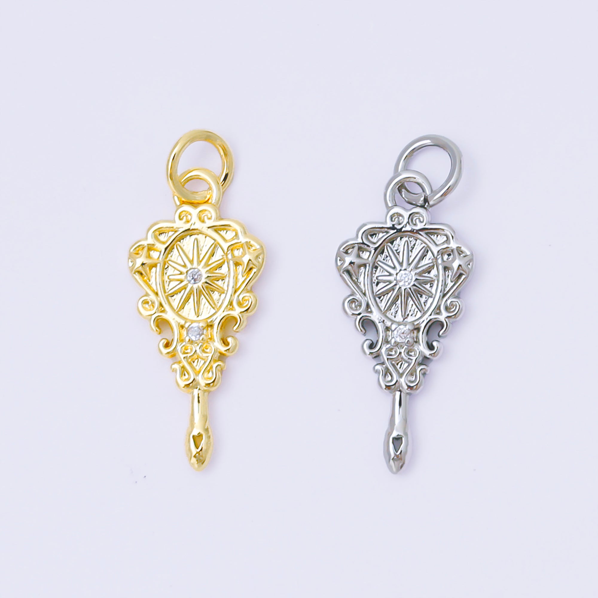 24K Gold Filled 20mm Twin Round CZ Hand Mirror Fantasy Charm in Gold & Silver | AF1252