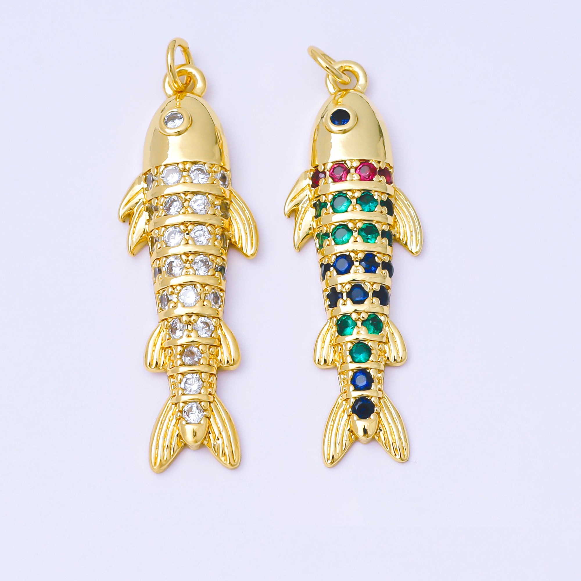 24K Gold Filled Clear, Multicolor Micro Paved CZ Sardine Salmon Fish Charm | AF1305