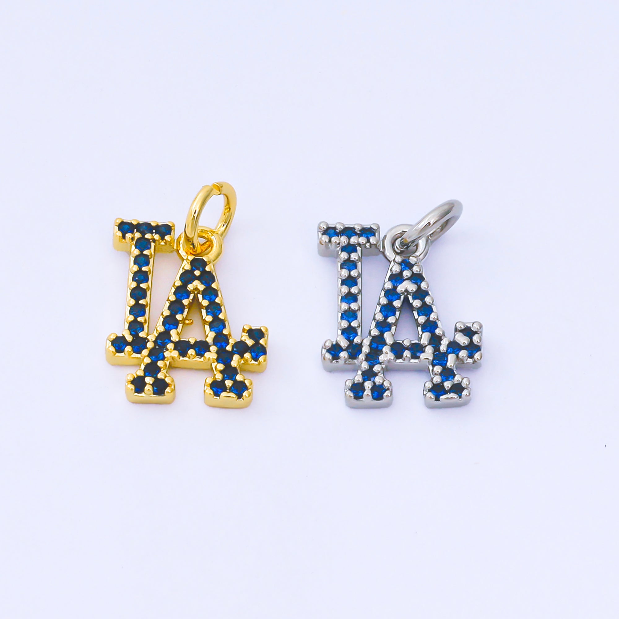24K Gold Filled 13mm Royal Blue Micro Paved CZ Los Angeles Script "LA" Charm in Gold & Silver | AF1288