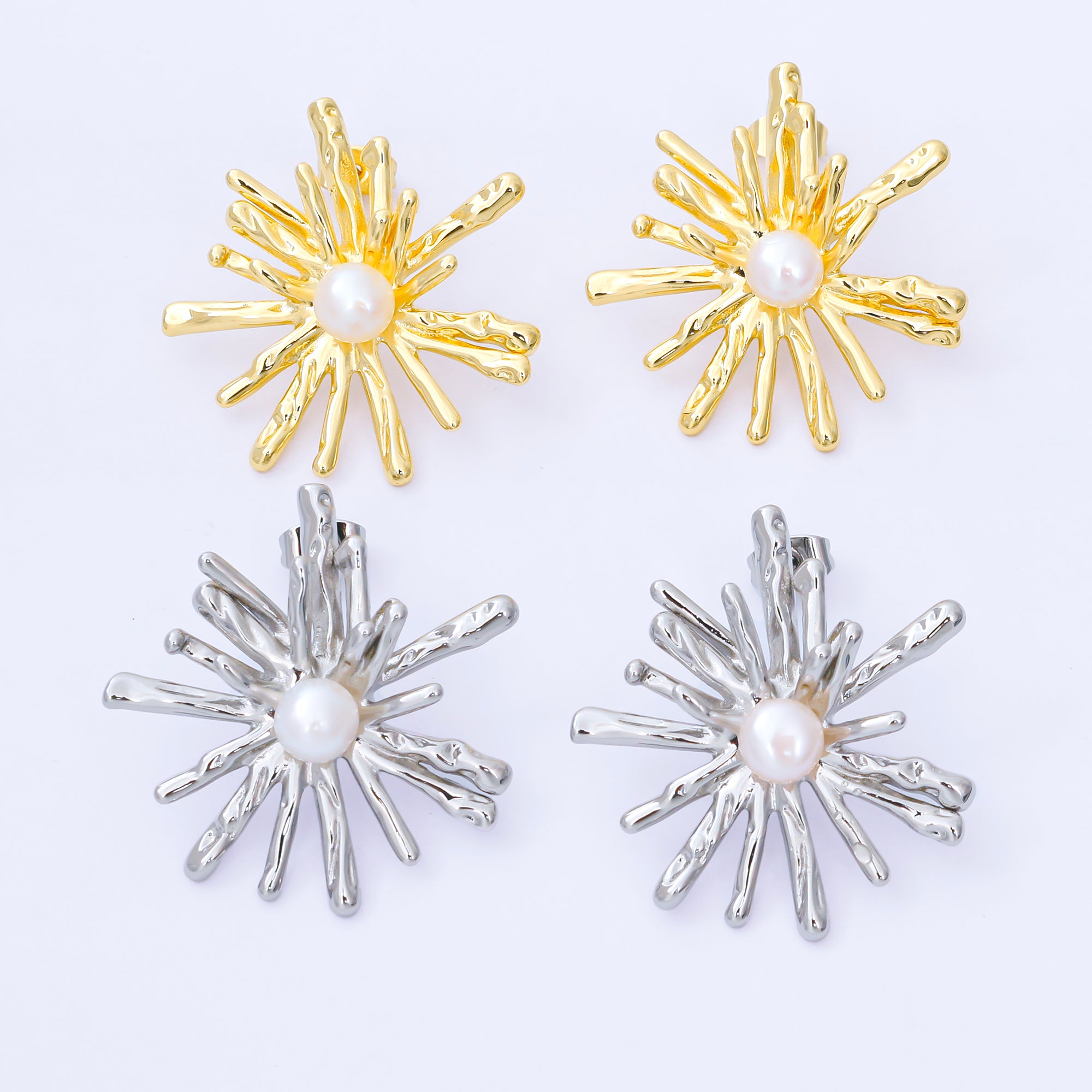24K Gold Filled 34mm Shell Pearl Sunburst Flower Drop Stud Earrings | AB1598 AB1599