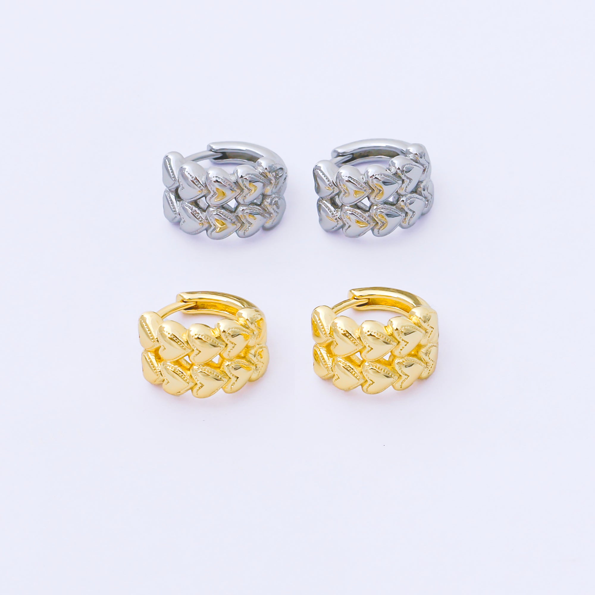 24K Gold Filled 12mm Double Row Heart Embossed Huggie Earrings in Gold & Silver | AB1611 AB1612