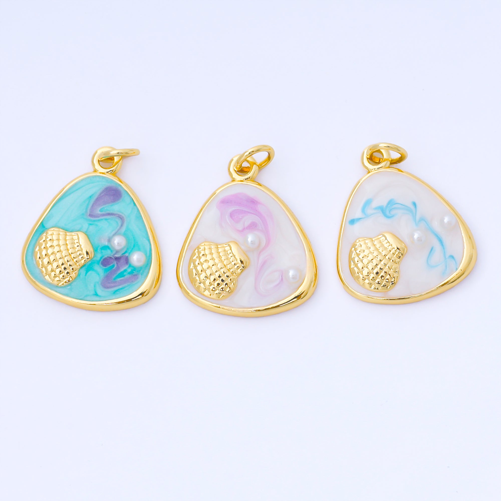 24K Gold Filled 20mm Handpainted Teal, White, Purple Enamel Clam Shell Medallion Charm | AF1544 AF1545