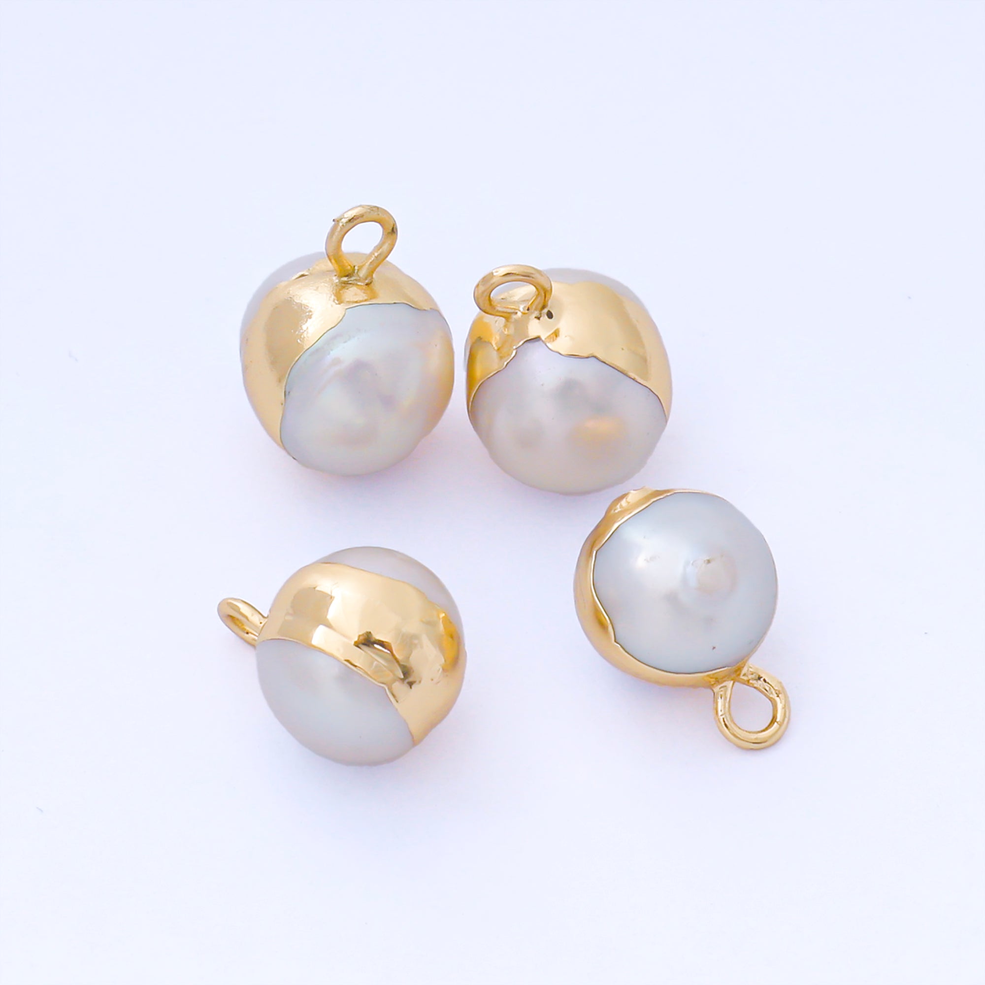 24K Gold Filled 12mm Bezel Setting Round Shell Pearl Dainty Drop Charm | AF581