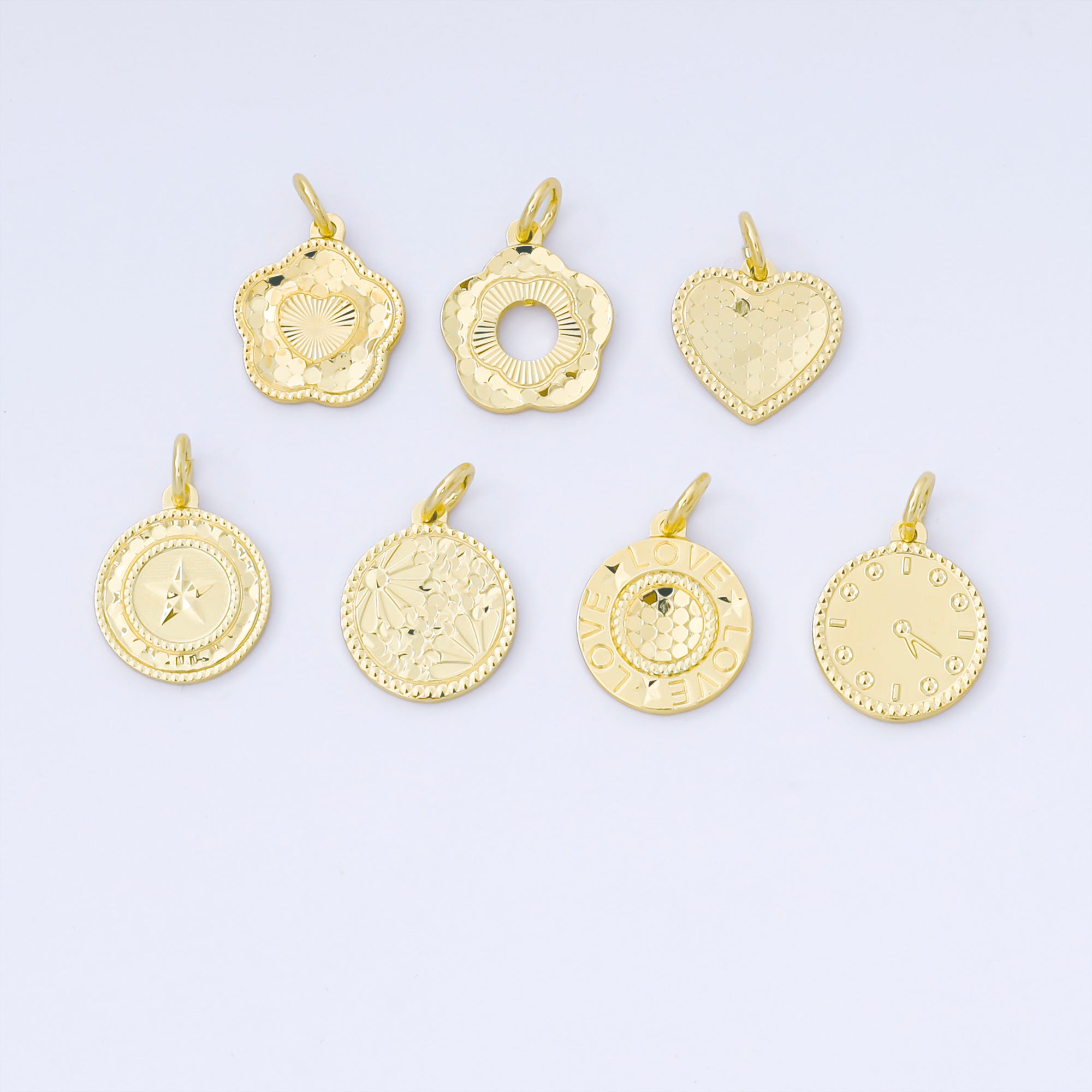 24K Gold Filled 14mm Flowers, Heart, Star Golden Coin Drop Charm | AF1529 ~ AF1531