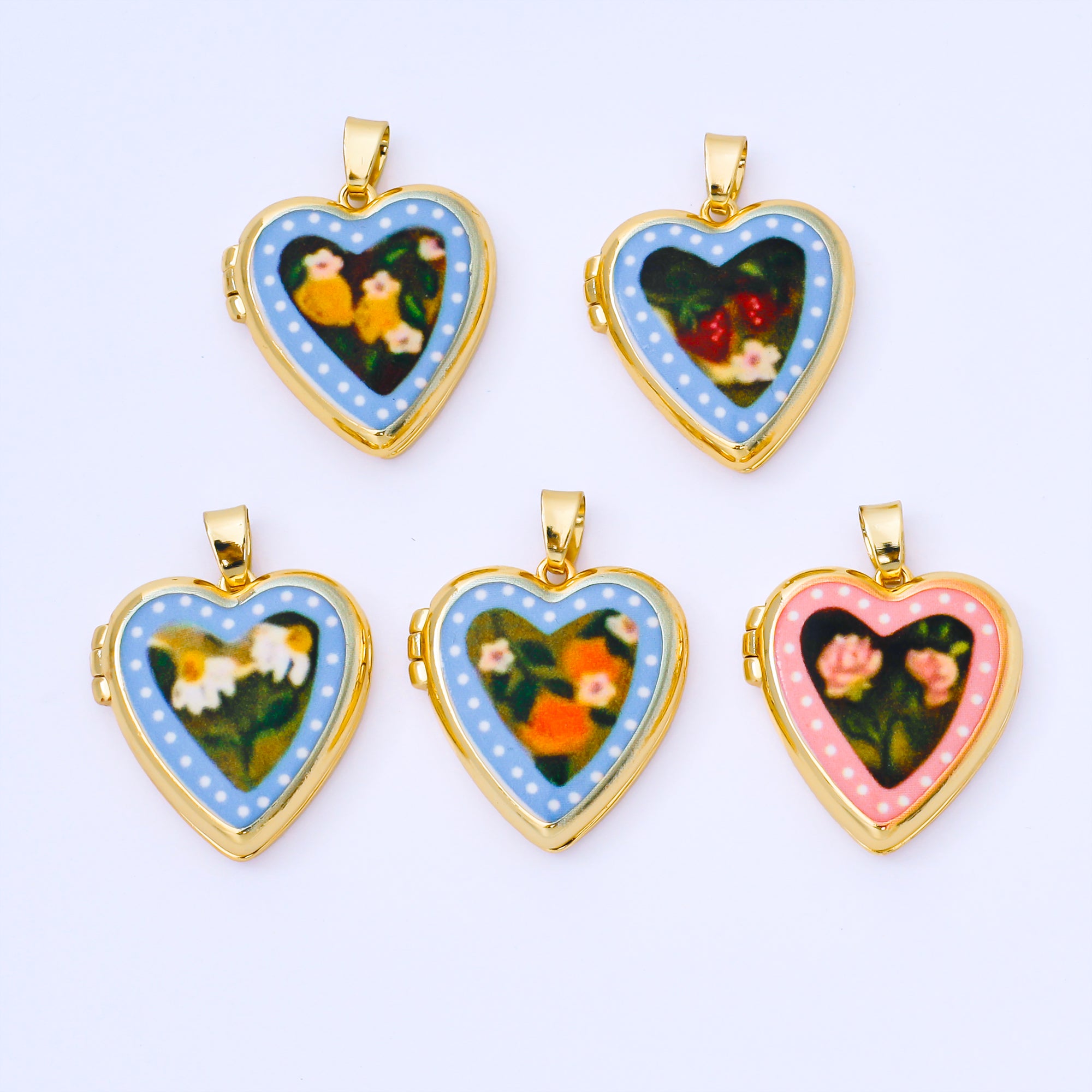 24K Gold Filled 22mm Hand-Painted Enamel Heart-Shaped Locket Flower Pendant | AA1613 ~ AA1617