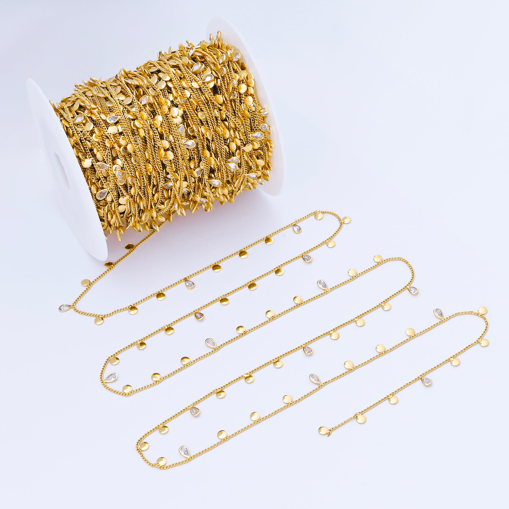 24K Gold Filled 1.4mm Teardrop Clear CZ Cable Satellite Unfinished Chain by Yard | ROLL-1681