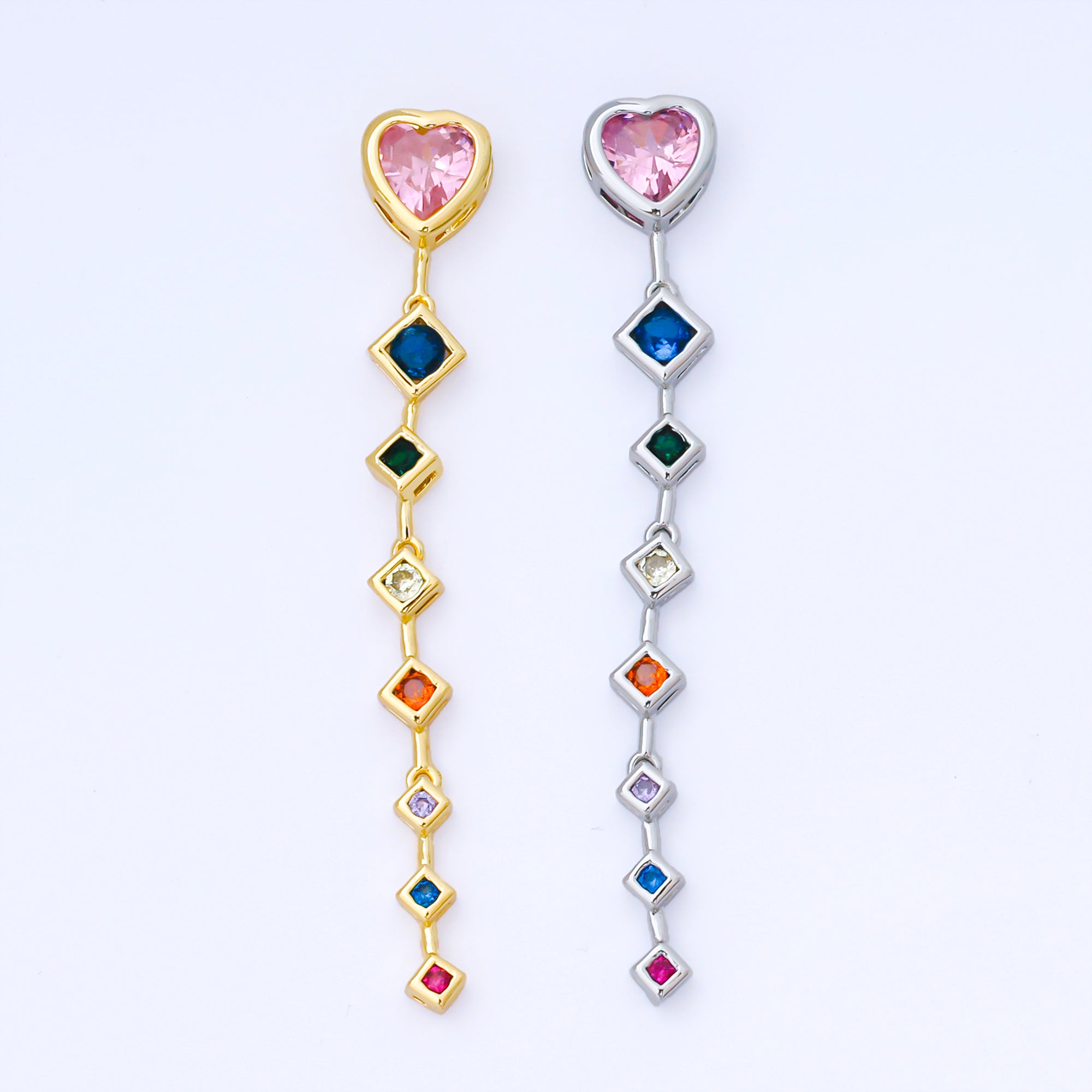 14K Gold Filled Heart Rhombus Multicolor CZ Drop Bead in Gold & Silver | B481
