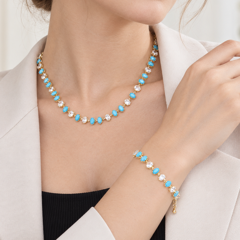 16K Gold Filled 7mm Double Turquoise Marquise CZ Station Necklace and Bracelet Set | WA-00419
