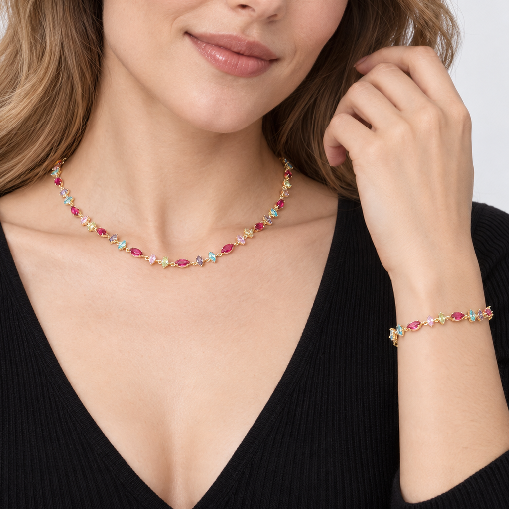 16K Gold Filled 6mm Multicolor Marquise CZ Station 17 Inch Necklace and Bracelet Set | WA-00426