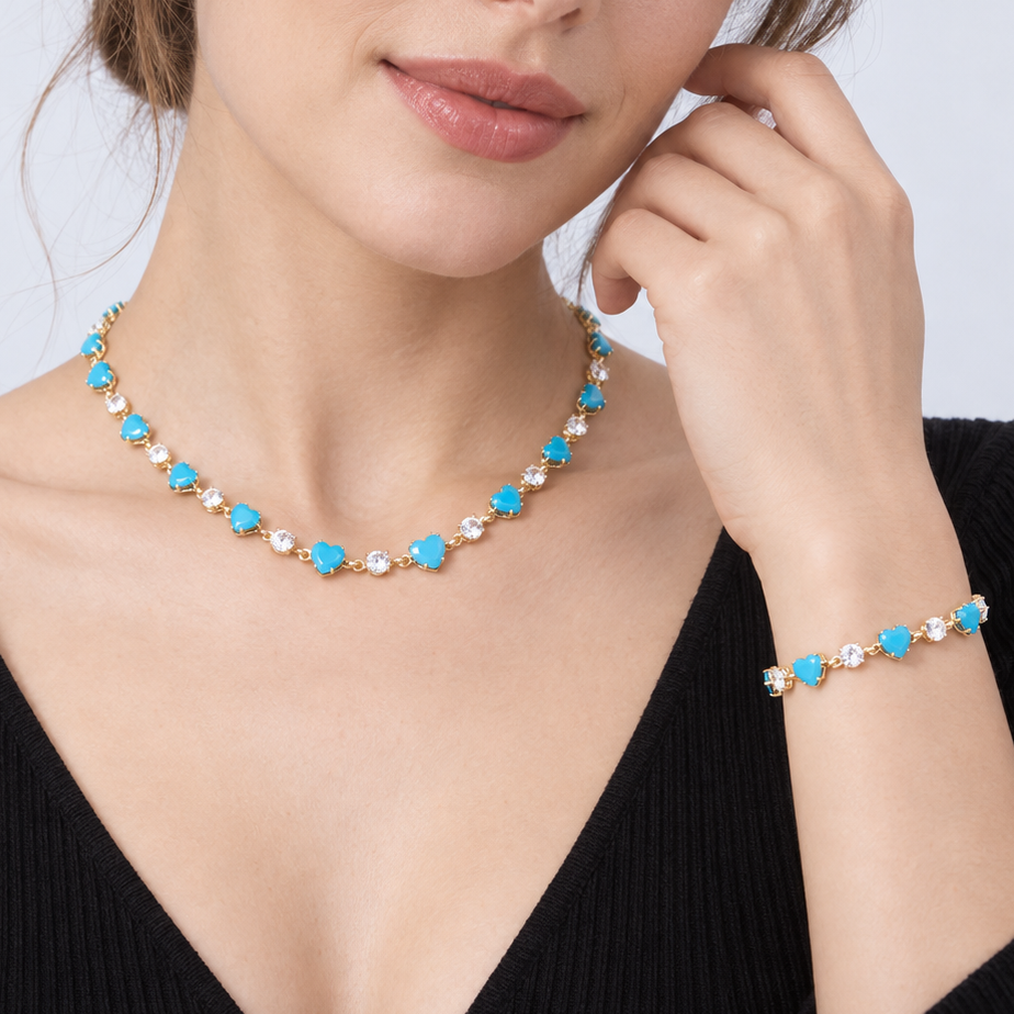 16K Gold Filled 6mm Heart Turquoise Round CZ Station Necklace and Bracelet Set | WA-00421
