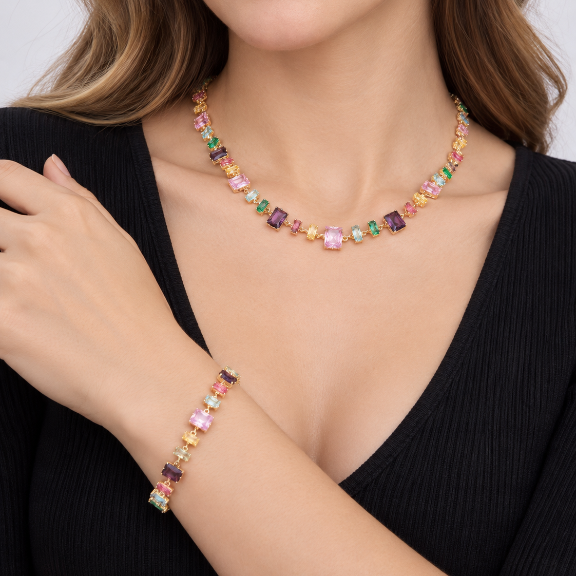 16K Gold Filled 9mm Multicolor Baguette CZ Station 17 Inch Necklace and Bracelet Set | WA-00429