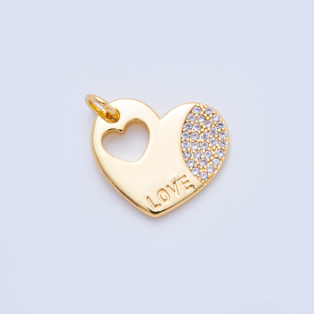 18K Gold Filled 18mm Micro Paved CZ Open Heart in Heart with Love Transcript Charm | N601