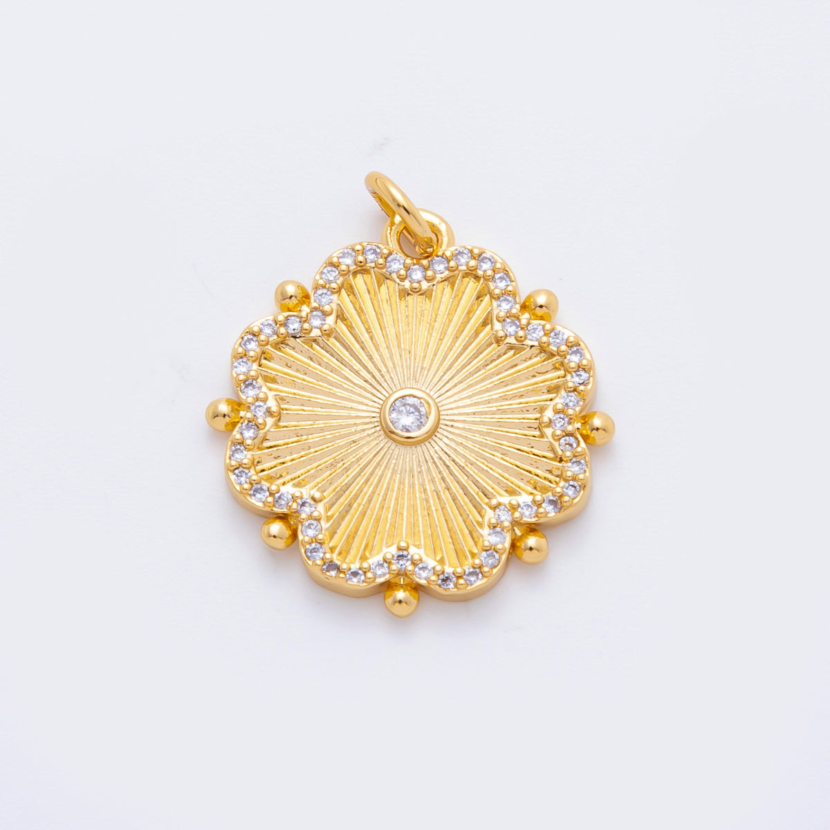 18K Gold Filled 25mm Round CZ SunBurst Bloom Clover Flower Charm | N611