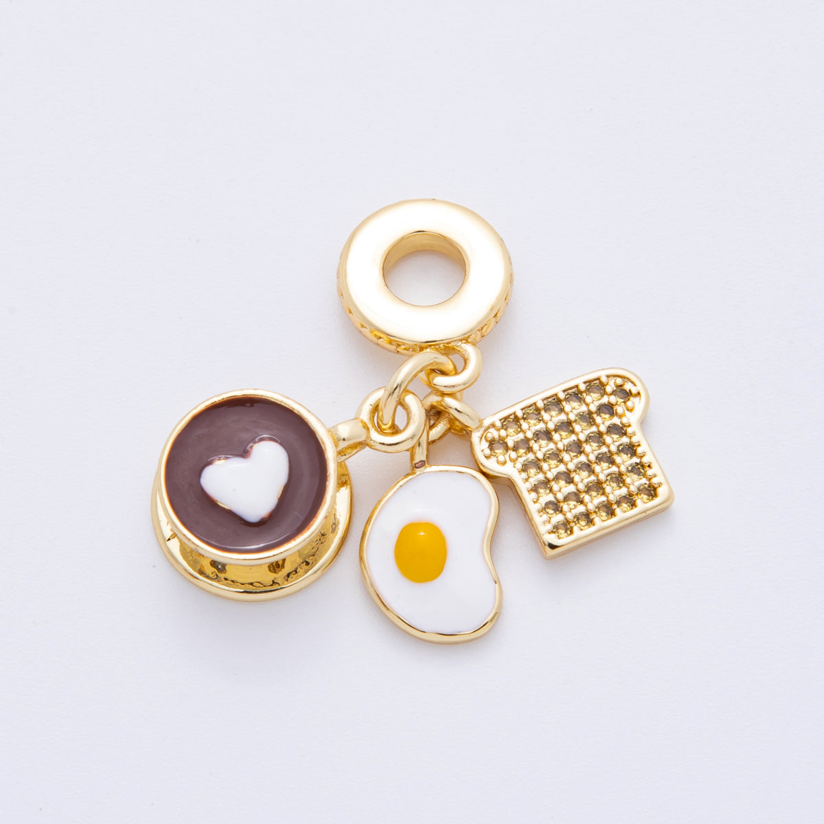 18K Gold Filled 31mm Coffee, Egg, Bread Breakfast Set Rondelle Drop Charm | N1415