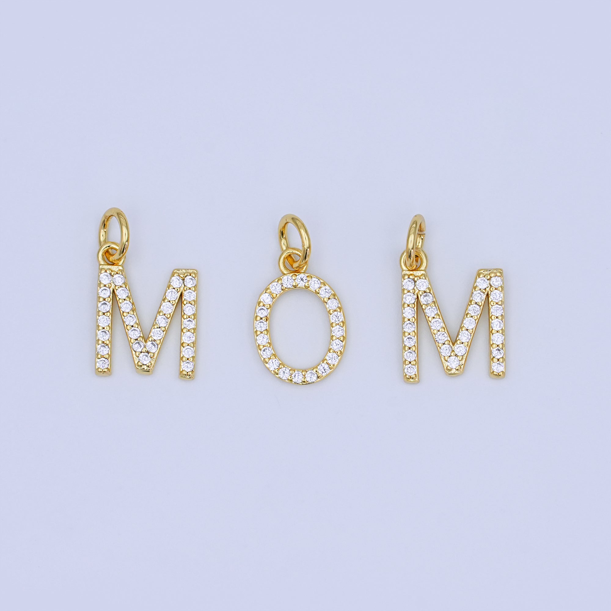 24K Gold Filled Micro Paved CZ "MOM" Script Charm Set | N045