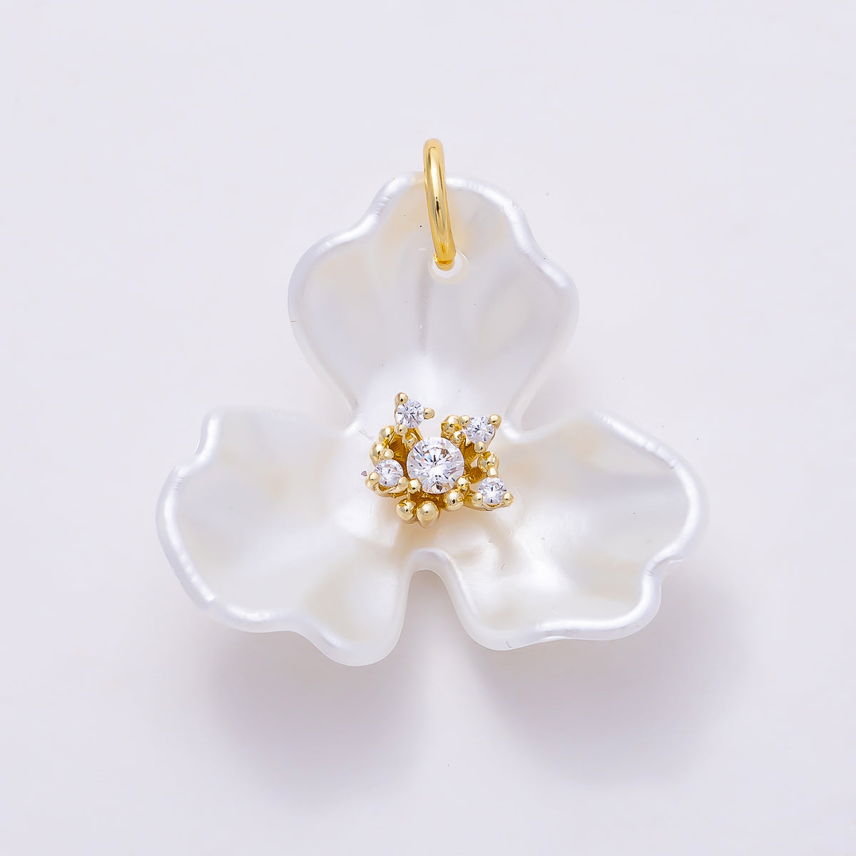 24K Gold Filled 22mm Round CZ White Orchid Bloom Flower Charm | N151