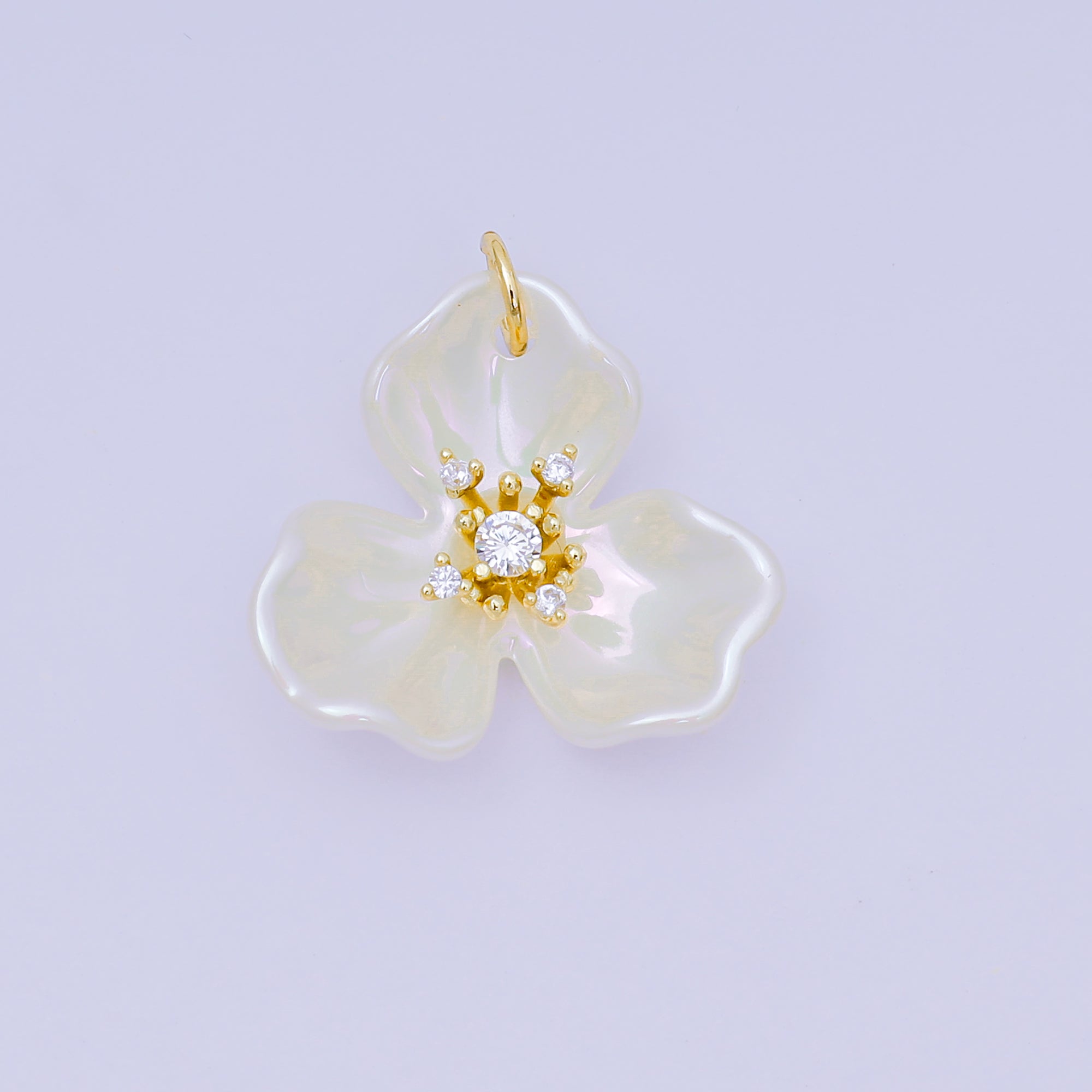 24K Gold Filled 22mm Round CZ Acrylic Art White Orchid Bloom Flower Charm | N-151