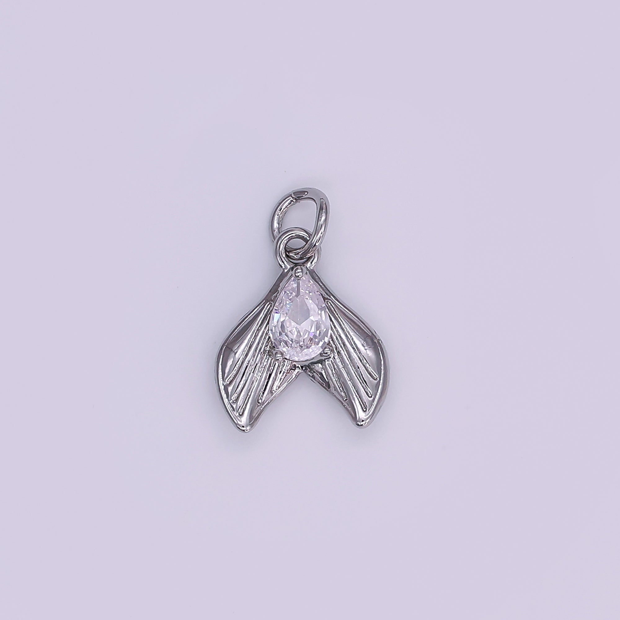 24K Gold Filled 13.5mm Clear CZ Teardrop Lined Fish Tail Charm in Gold & Silver | N858