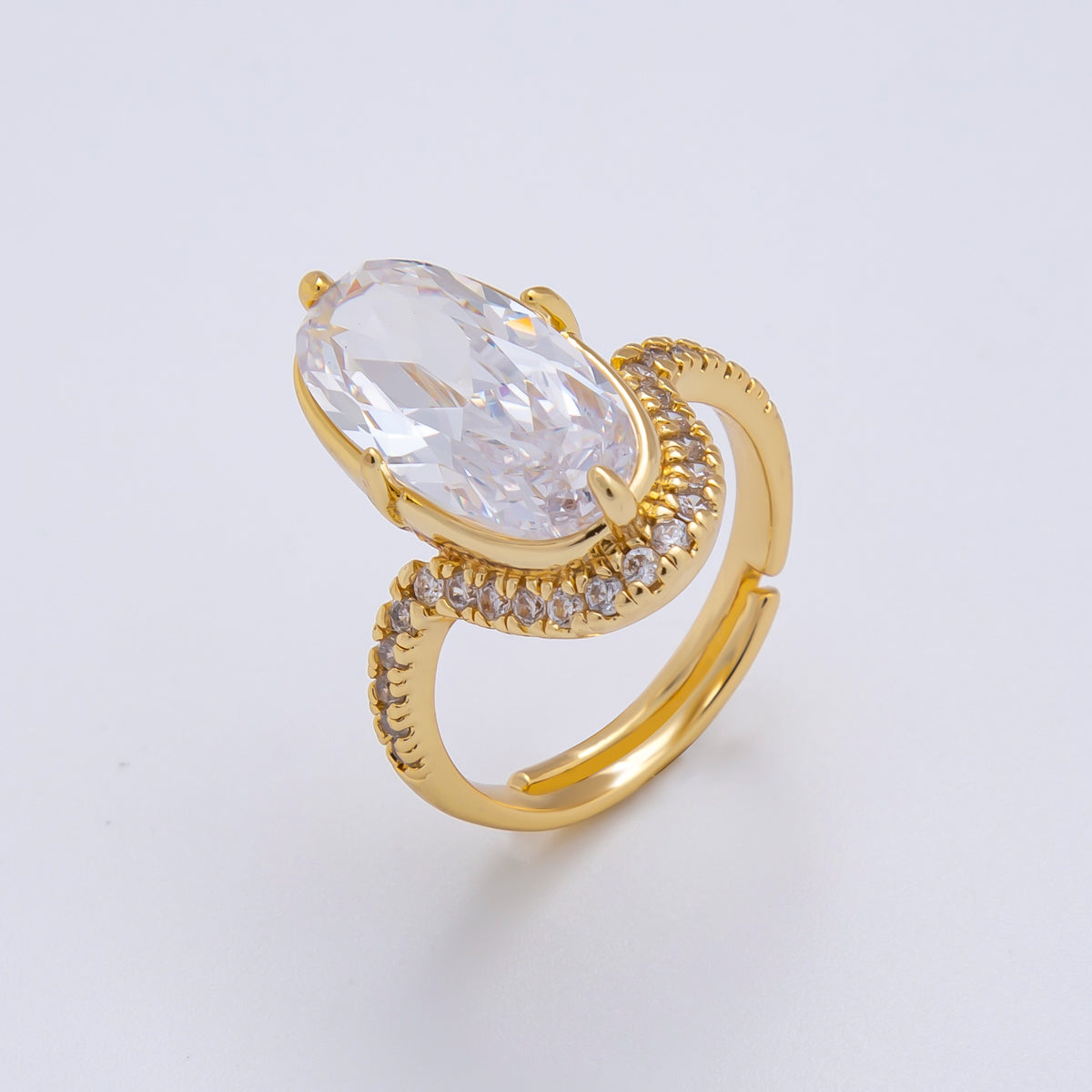 18K Gold Filled Clear Oval Micro Paved CZ Solitaire Band Adjustable Ring | O006