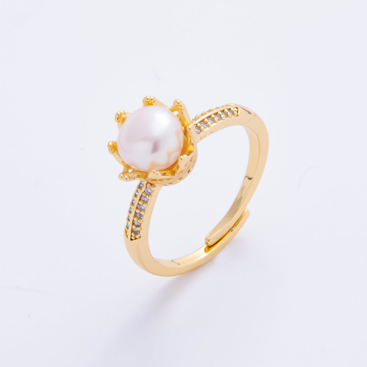 18K Gold Filled Shell Pearl Solitaire Micro Paved CZ Adjustable Ring | O-041