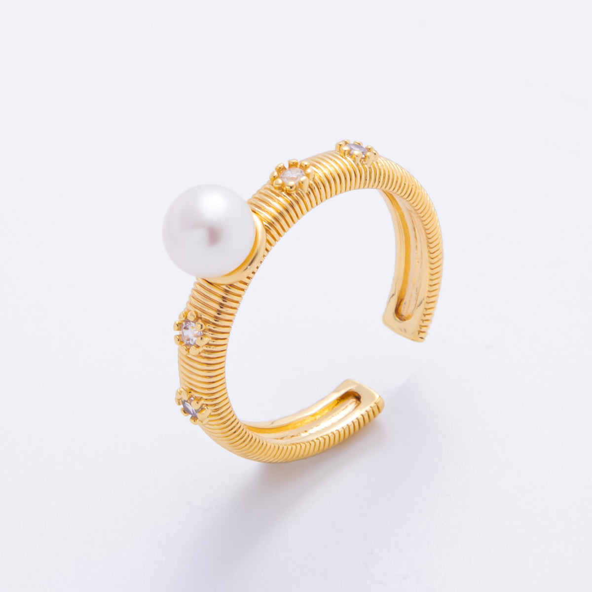 18K Gold Filled Shell Pearl Solitaire CZ Lined Ribbed Adjustable Ring | O-042
