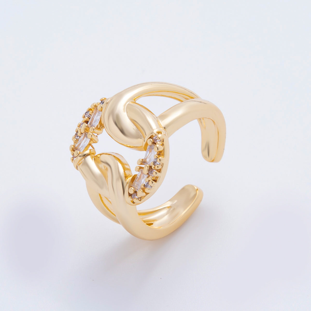 18K Gold Filled Micro Paved & Baguette CZ Eclipse Loop Knot Open Ring | O109