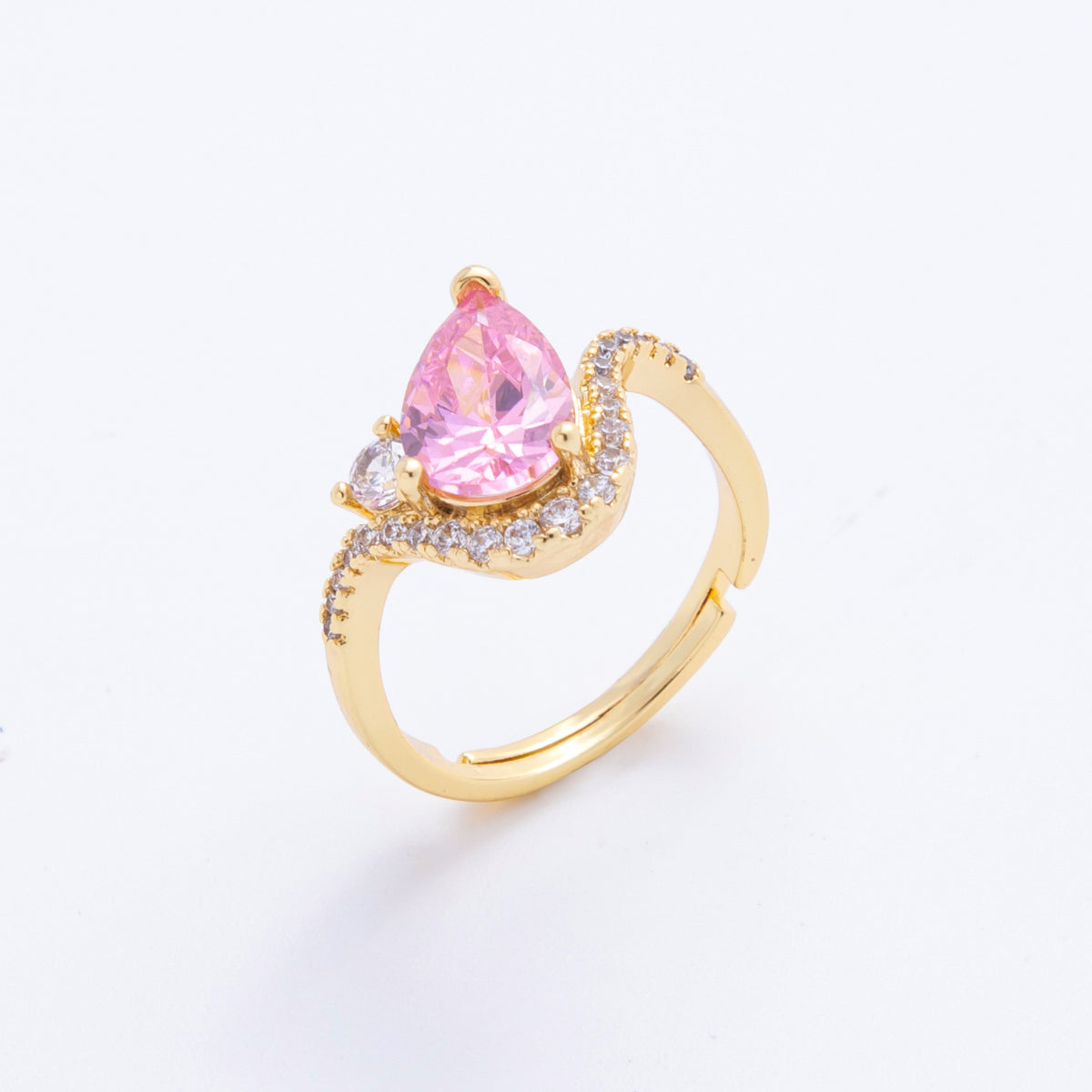 18K Gold Filled Clear, Pink Teardrop Micro Paved CZ Curved Solitaire Adjustable Ring | O00176