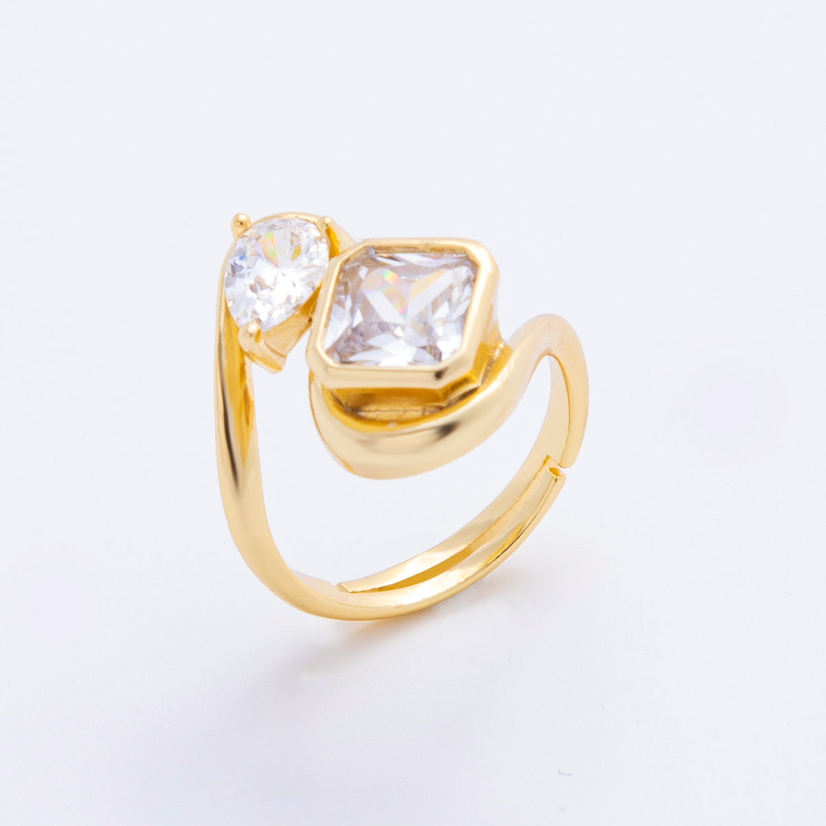 18K Gold Filled Clear, Pink CZ Square Teardrop Curved Adjustable Ring | O238