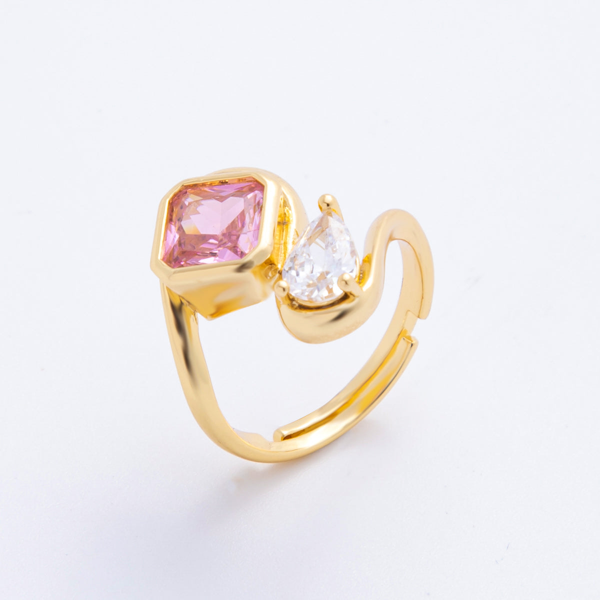 18K Gold Filled Clear, Pink CZ Square Teardrop Curved Adjustable Ring | O238