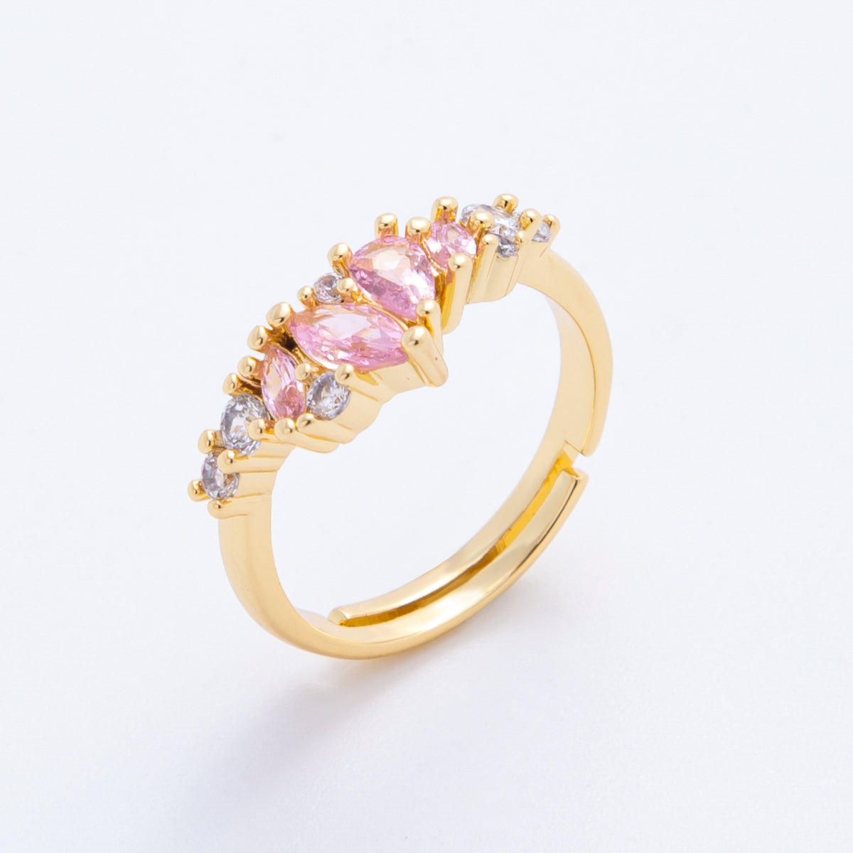 18K Gold Filled Pink, Clear CZ Marquise Teardrop Cluster Adjustable Ring | O272