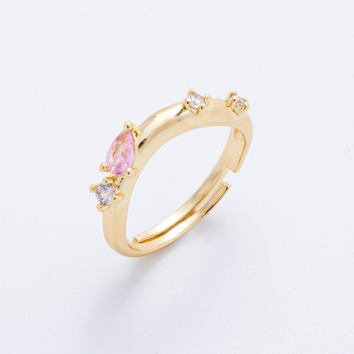 18K Gold Filled Pink, Clear CZ Teardrop Cluster Curve Adjustable Ring | O278