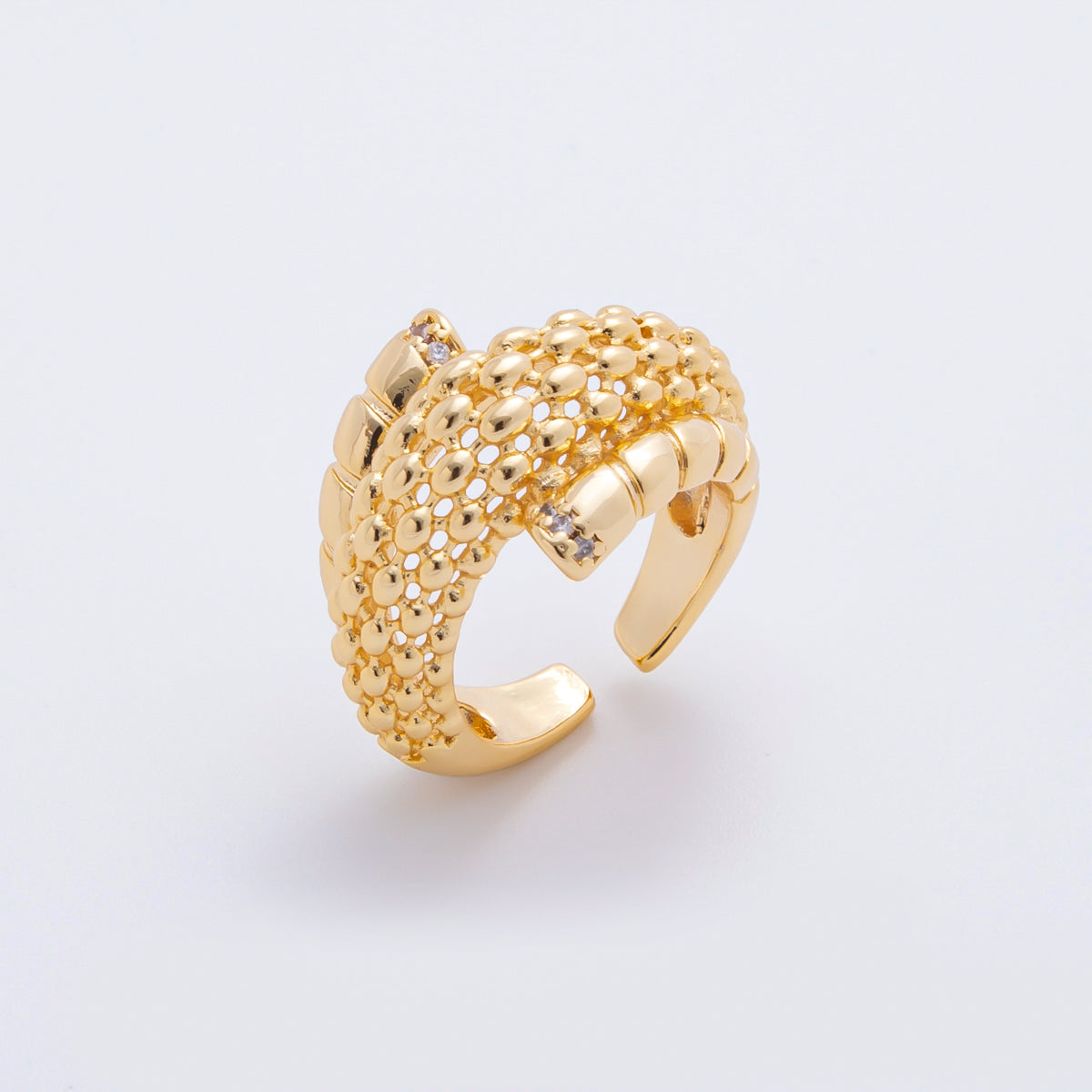 18K Gold Filled Micro Paved CZ Beaded Ribbed Triple Band Dome Ring | O450