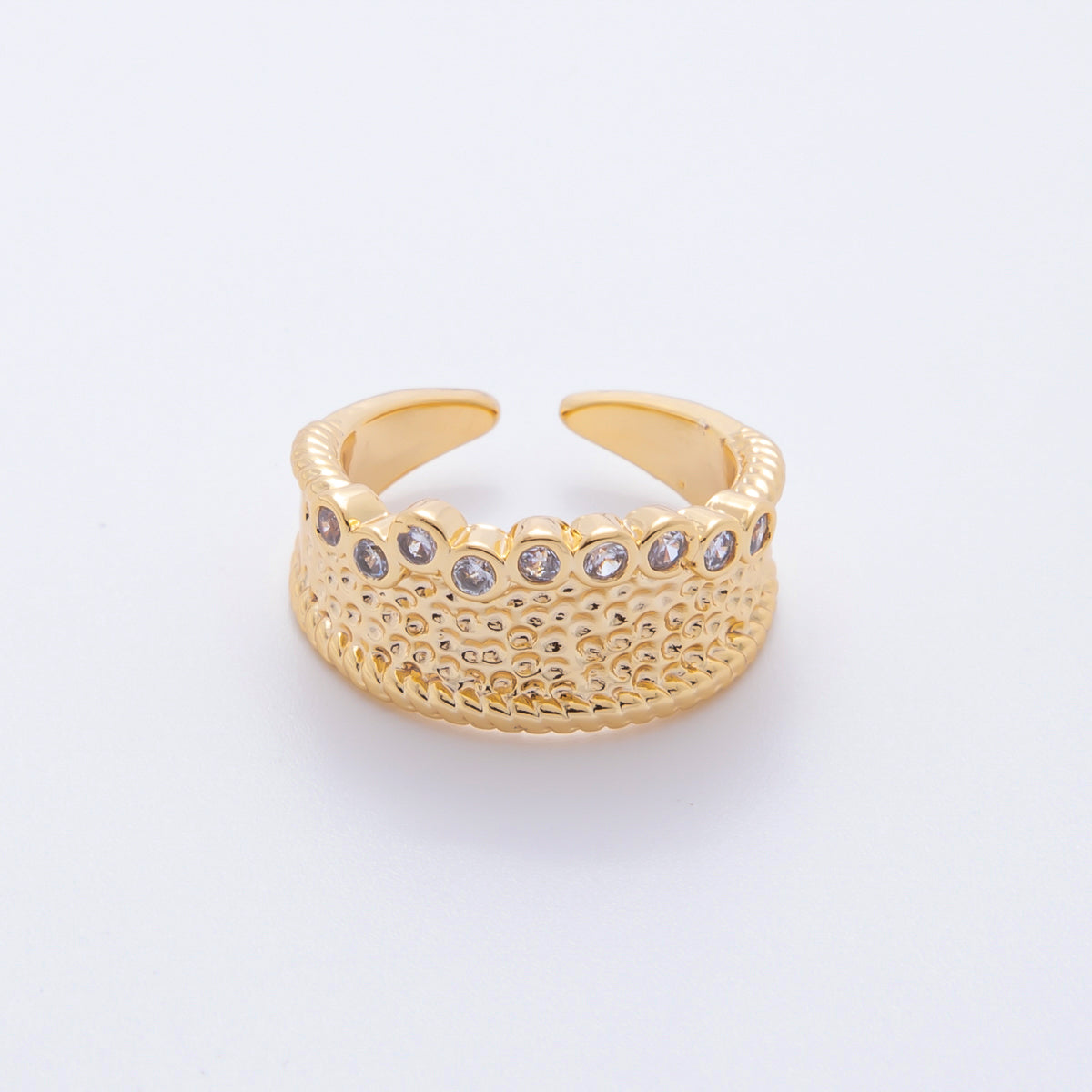 18K Gold Filled Micro Paved CZ Dotted Texture Dome Open Ring | O476